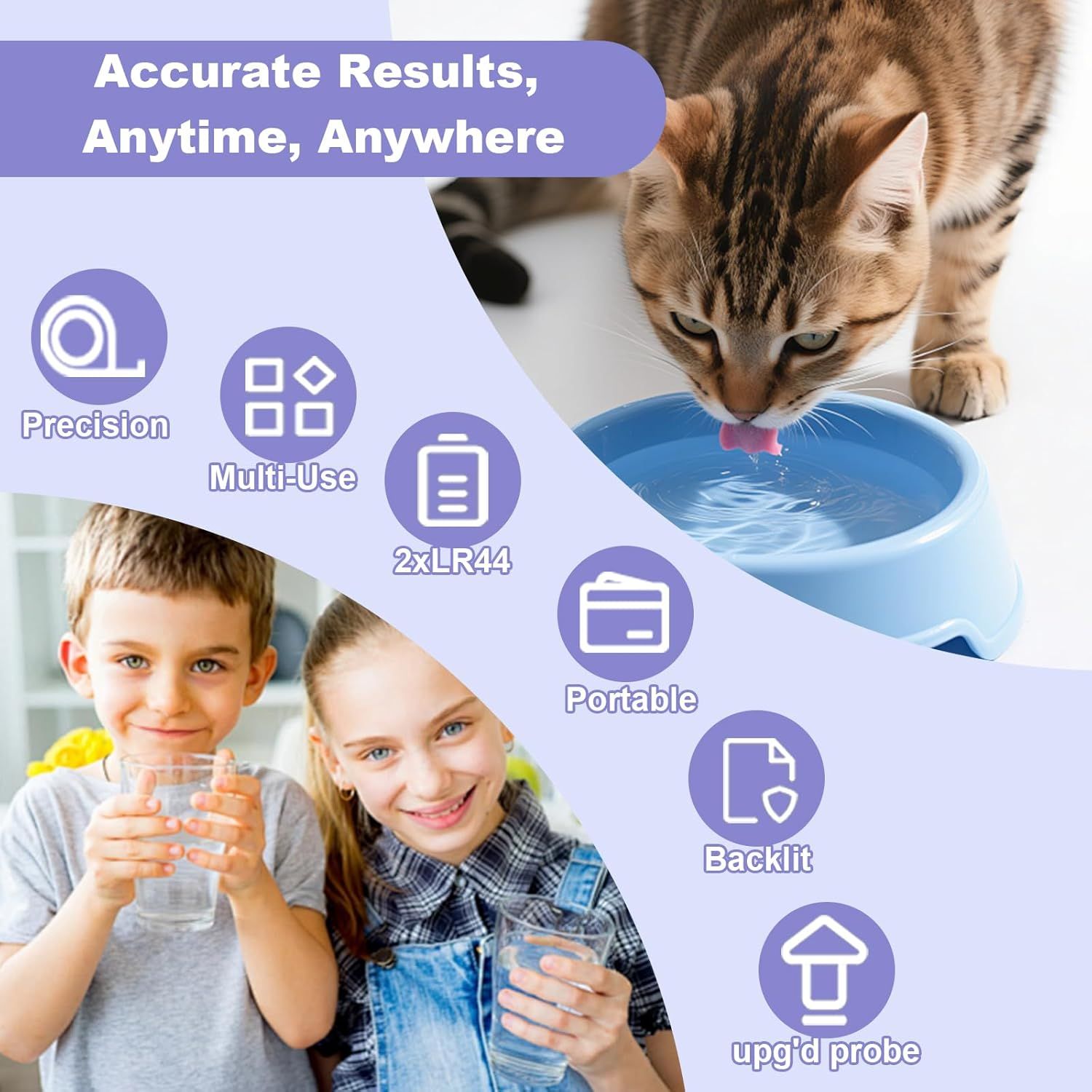 Communicates multiple key features and benefits of the product through a visually segmented layout with icons and labels, showing versatility, accuracy, portability, and technical specifications to…