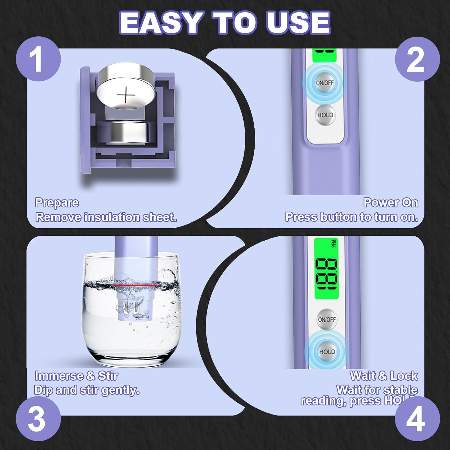 Demonstrates the simple 4-step process for using the product, reassuring shoppers that it's easy to set up and operate. Highlights the product's user-friendly design and simple operation to appeal…