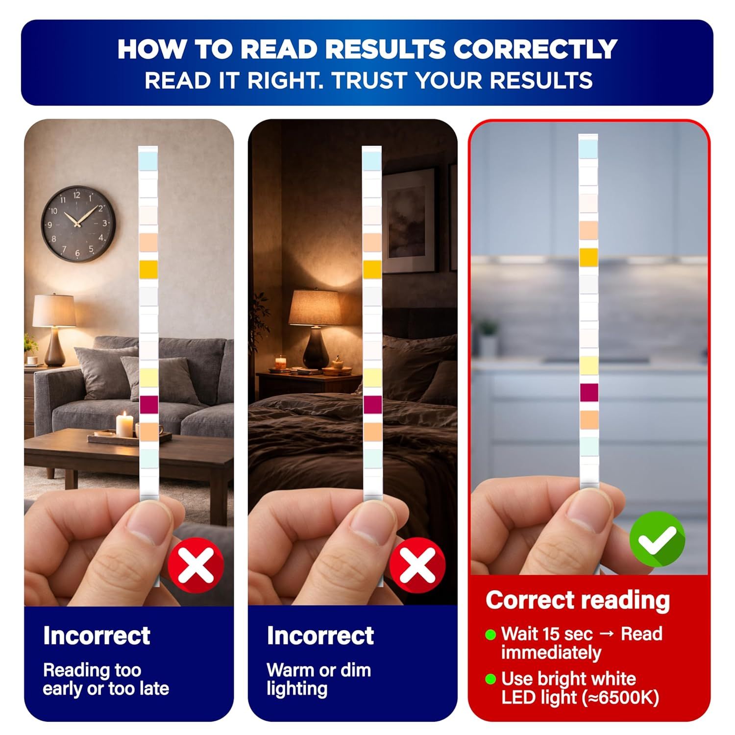 Educates the shopper on how to properly read test results by showing incorrect vs. correct methods, ensuring accurate product use and reliable outcomes.