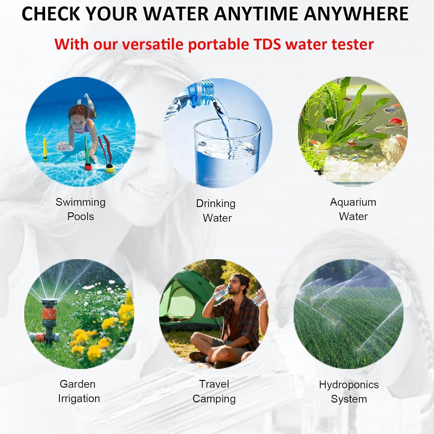 Demonstrates the versatility of the portable TDS water tester by showing six different real-world applications (swimming pools, drinking water, aquariums, garden irrigation, travel/camping, and…