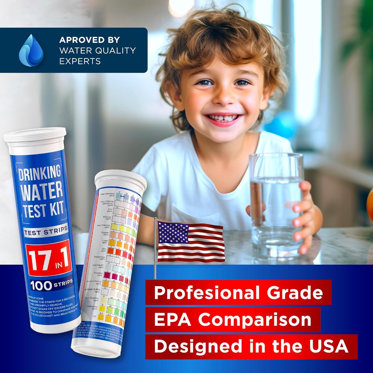 Reassures shoppers that the water test kit is professionally approved by water quality experts and meets EPA standards, emphasizing safety and reliability for family use. Communicates the…