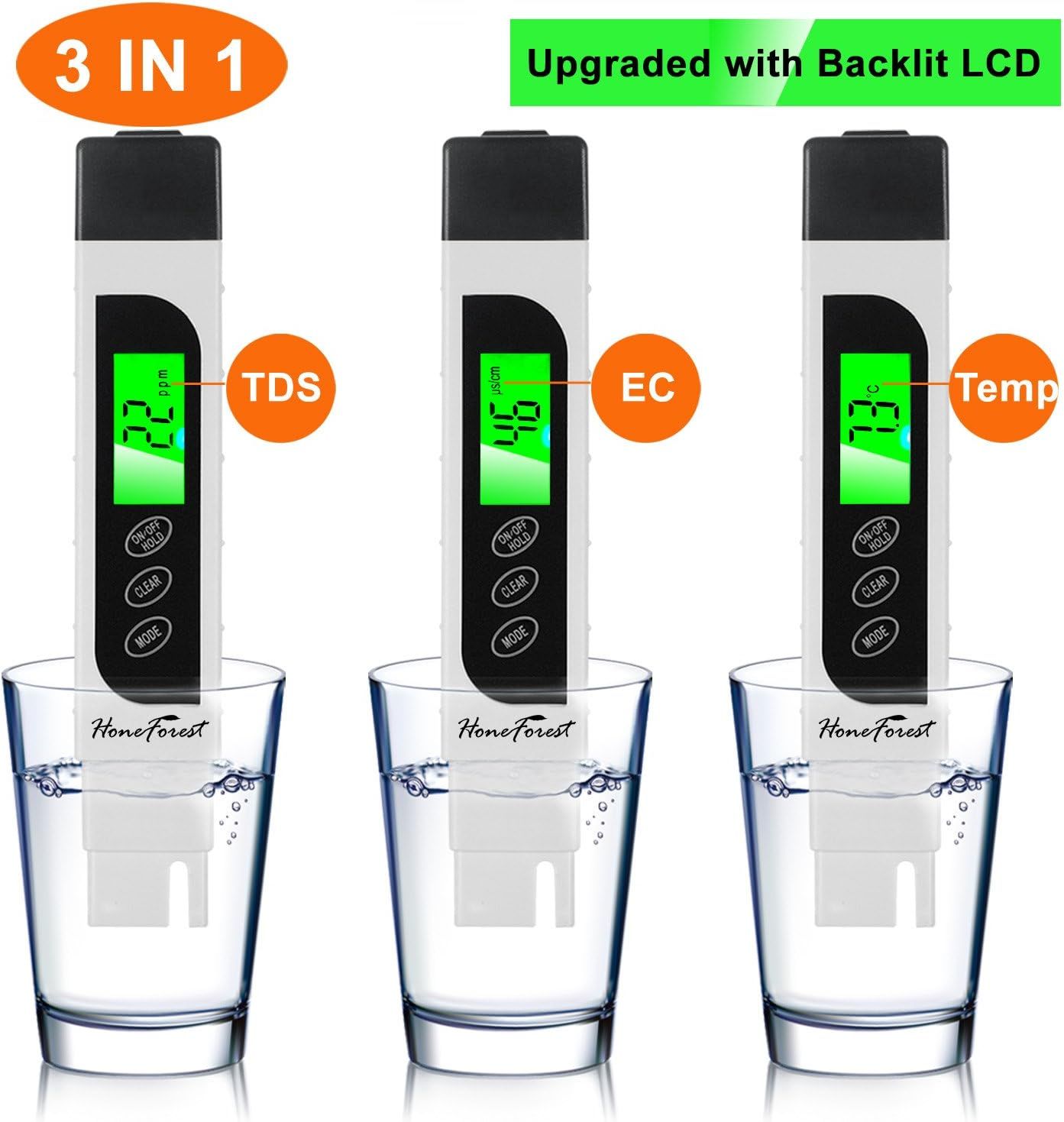 Communicates that this water quality tester offers three distinct measurement modes (TDS, EC, and Temperature) in one device with an upgraded backlit LCD screen, emphasizing versatility and ease of…