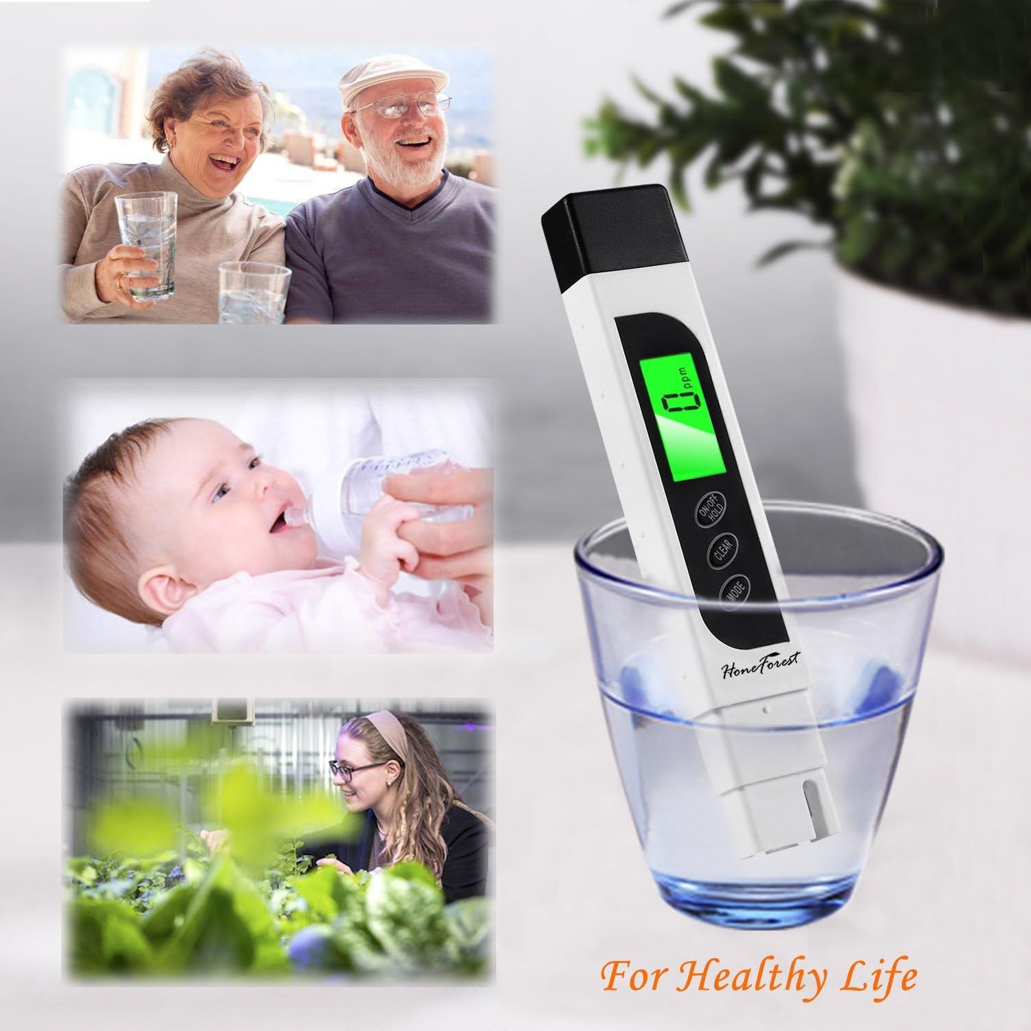 Demonstrates the water quality tester is suitable for multiple user groups and scenarios, from ensuring safe drinking water for elderly and infants to testing water for plants and gardening.