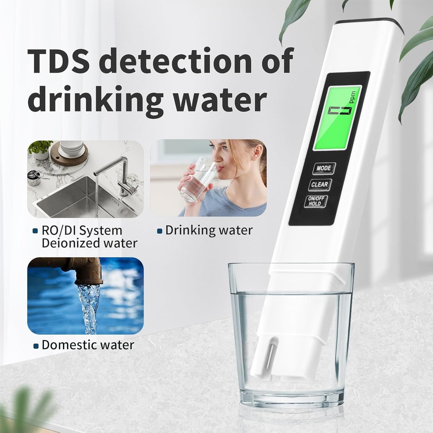Demonstrates the versatility of the TDS detection device by showing it can test multiple types of water sources including RO/DI systems, drinking water, and domestic water, reassuring shoppers of…