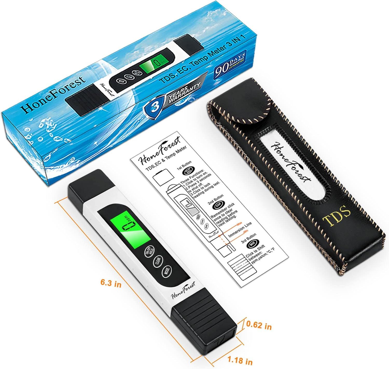 Shows everything included in the package: the TDS meter device, protective case, instruction manual, and retail box to help shoppers understand the complete value of their purchase. Displays the…
