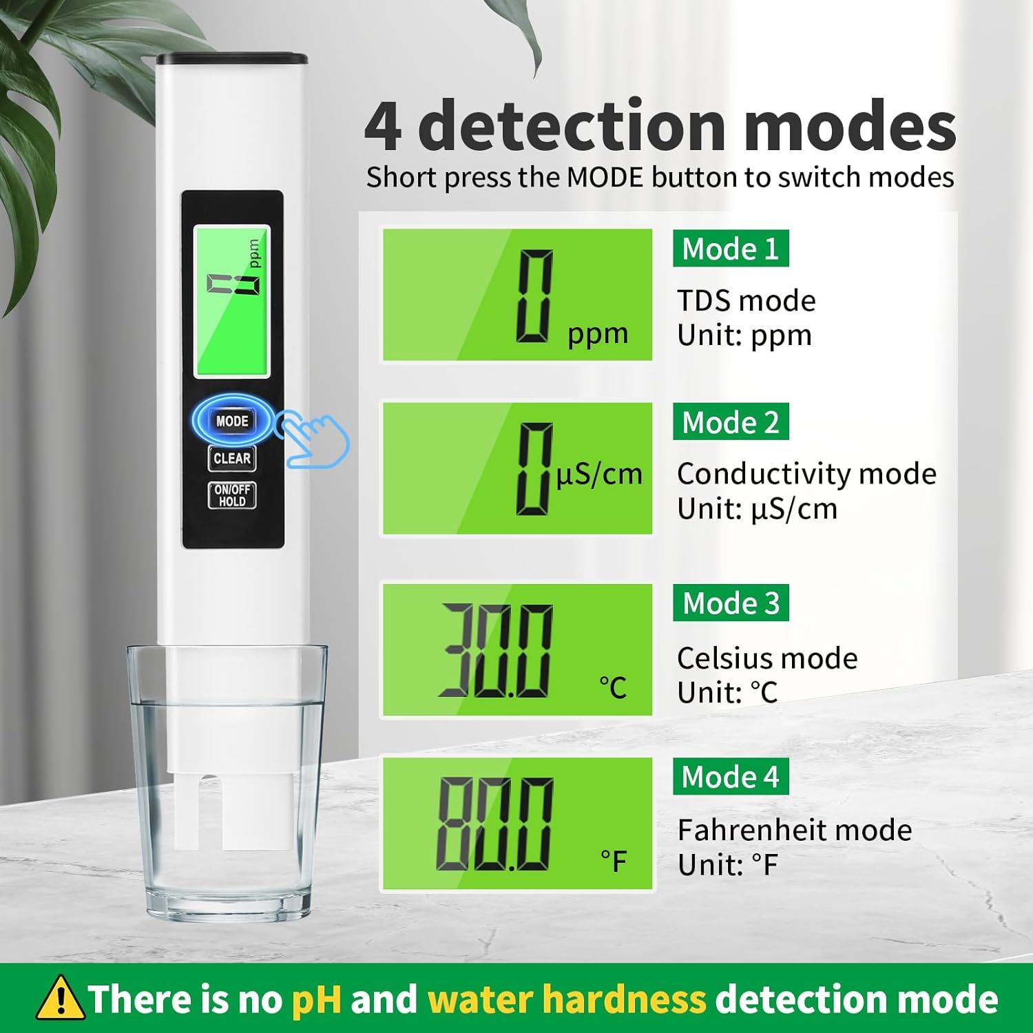 Demonstrates the product's versatility by showcasing four distinct detection modes, reassuring shoppers that this single device can measure multiple water quality parameters and temperature in…