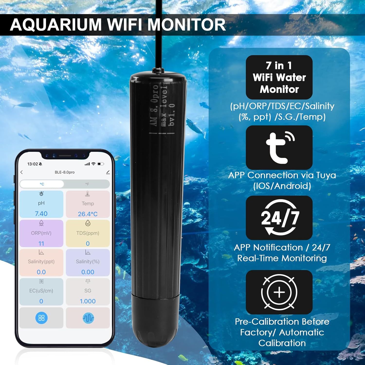 Communicates the comprehensive monitoring capabilities and smart features of the aquarium WiFi monitor, emphasizing its multi-parameter tracking, app connectivity, continuous monitoring, and…