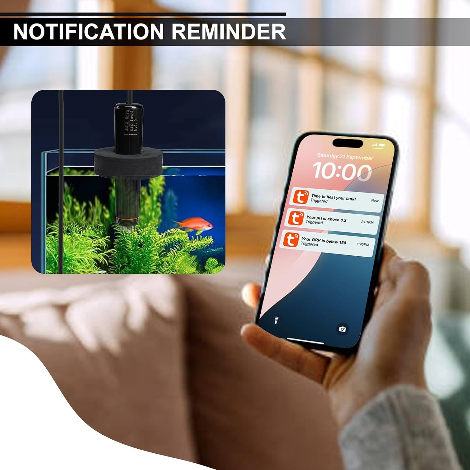 Demonstrates that the aquarium product connects to a smartphone app and sends automated notifications about tank conditions (temperature, pH, ORP levels), reassuring shoppers of convenient remote…