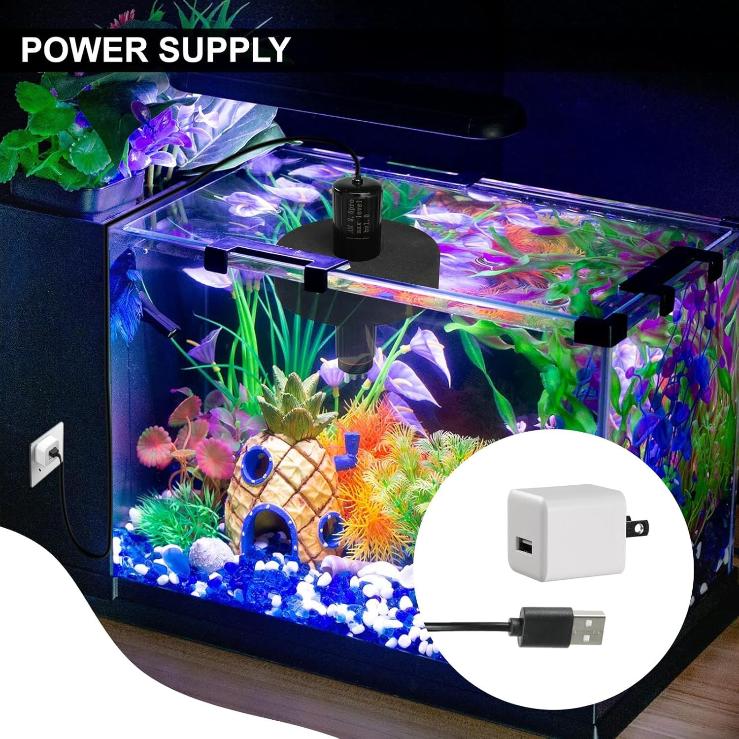 Highlights that the aquarium product comes with a power supply adapter and USB cable, reassuring shoppers about what's included for setup and operation. Shows the customer exactly what power…