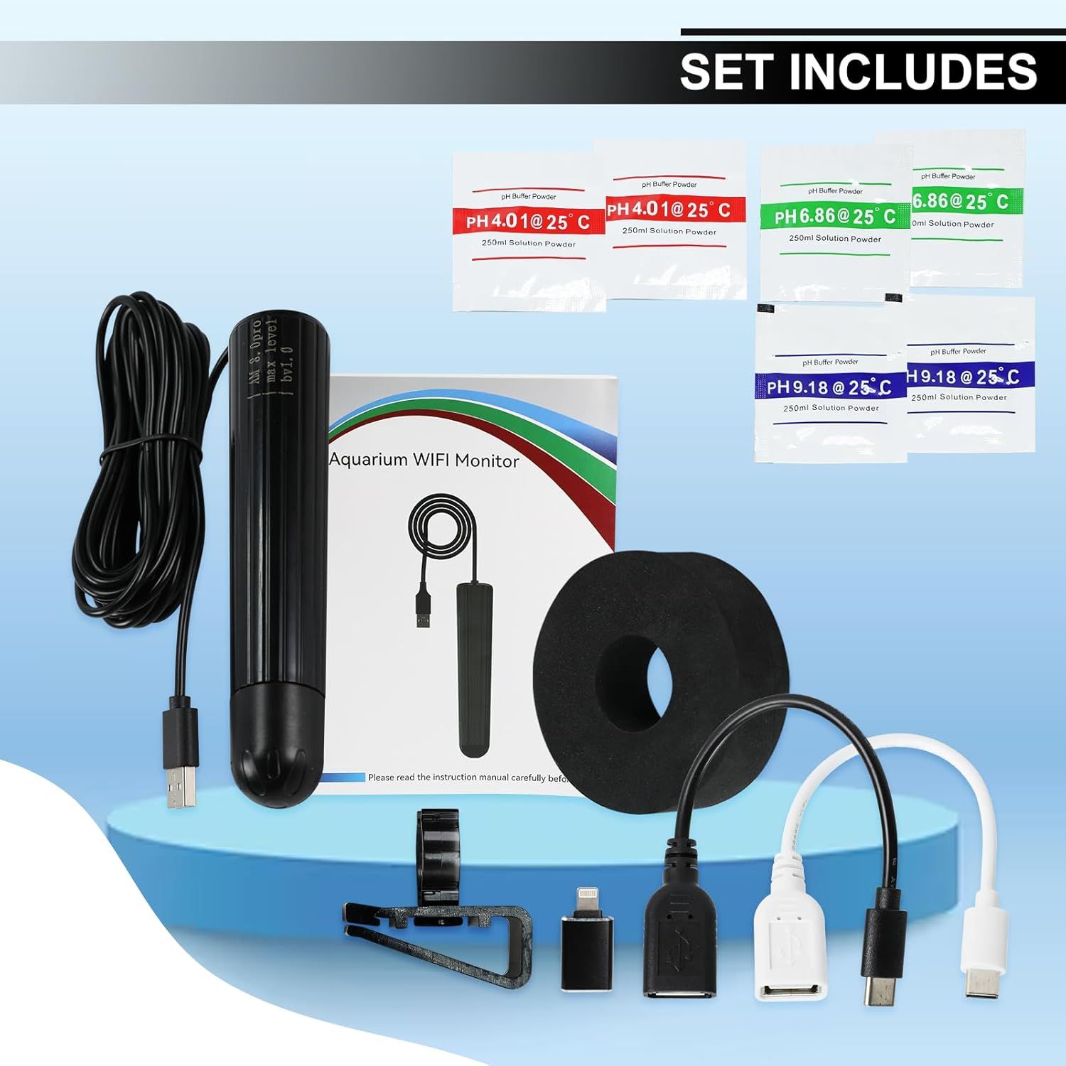 Shows all the components included in the aquarium monitoring kit to help shoppers understand the complete package they will receive.