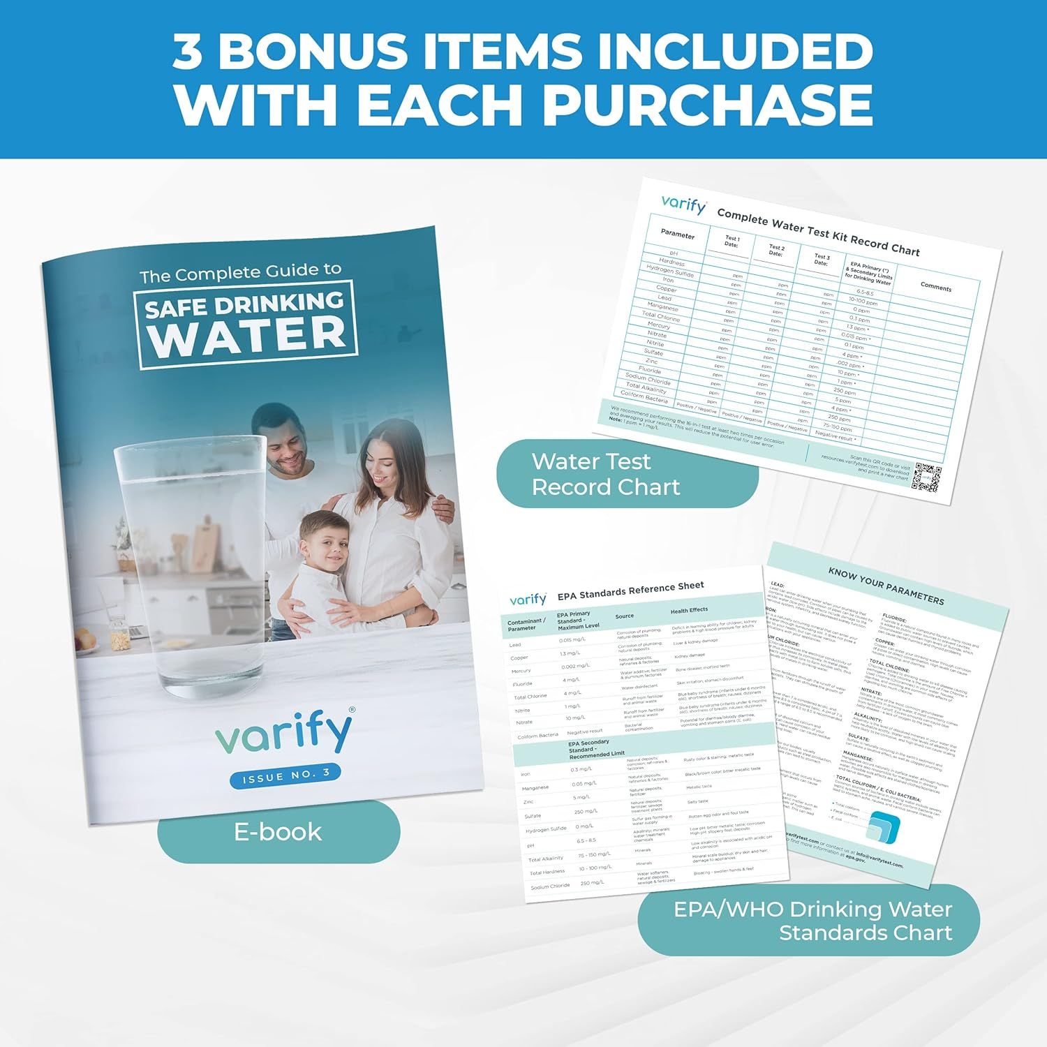 Shows the customer all the bonus items included with their purchase—an e-book guide, a water test record chart, and an EPA/WHO drinking water standards chart—to increase perceived value and reassure…