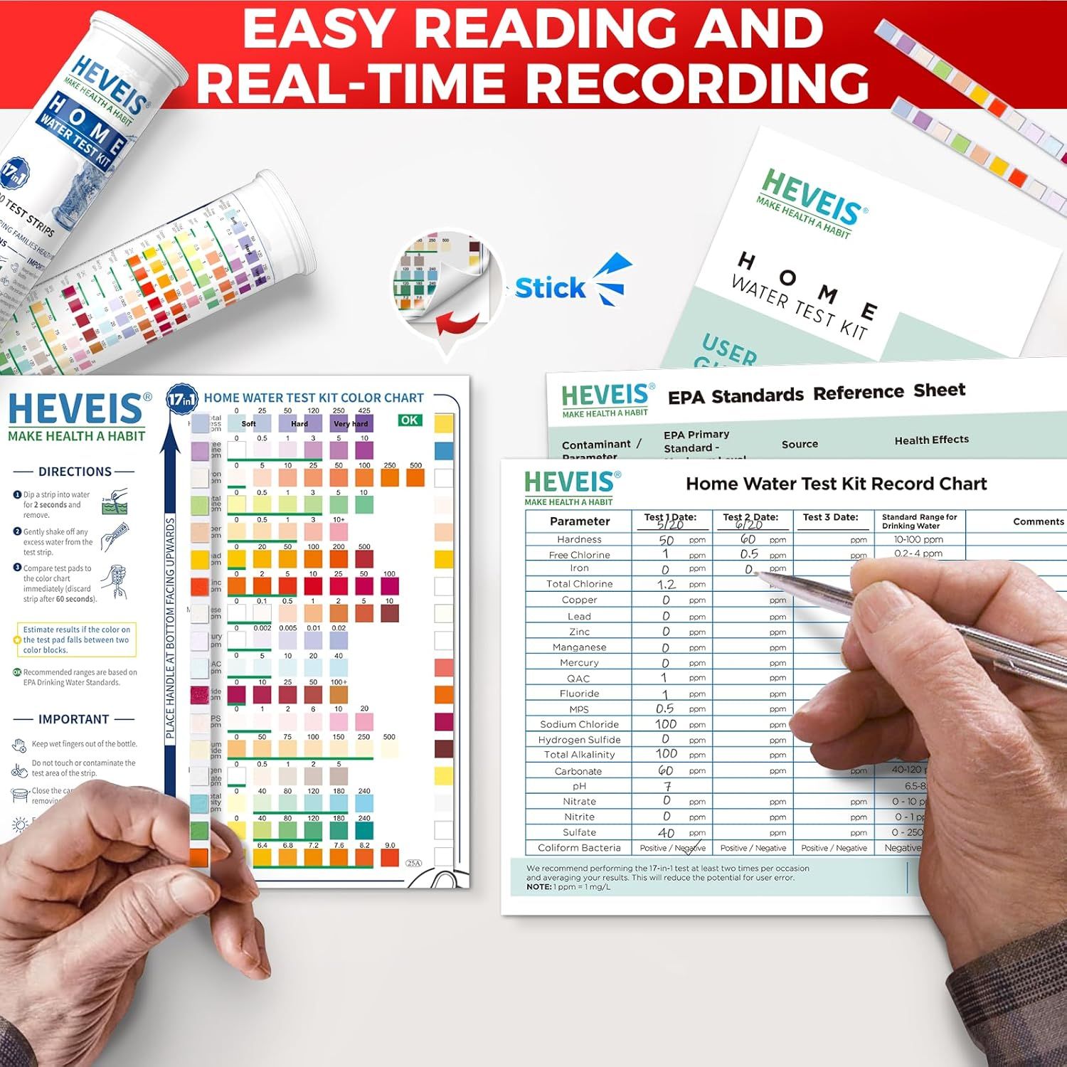Demonstrates how to use the home water test kit by showing the test strip, color chart reference, and recording chart to reassure shoppers that the testing process is simple and results are easy to…