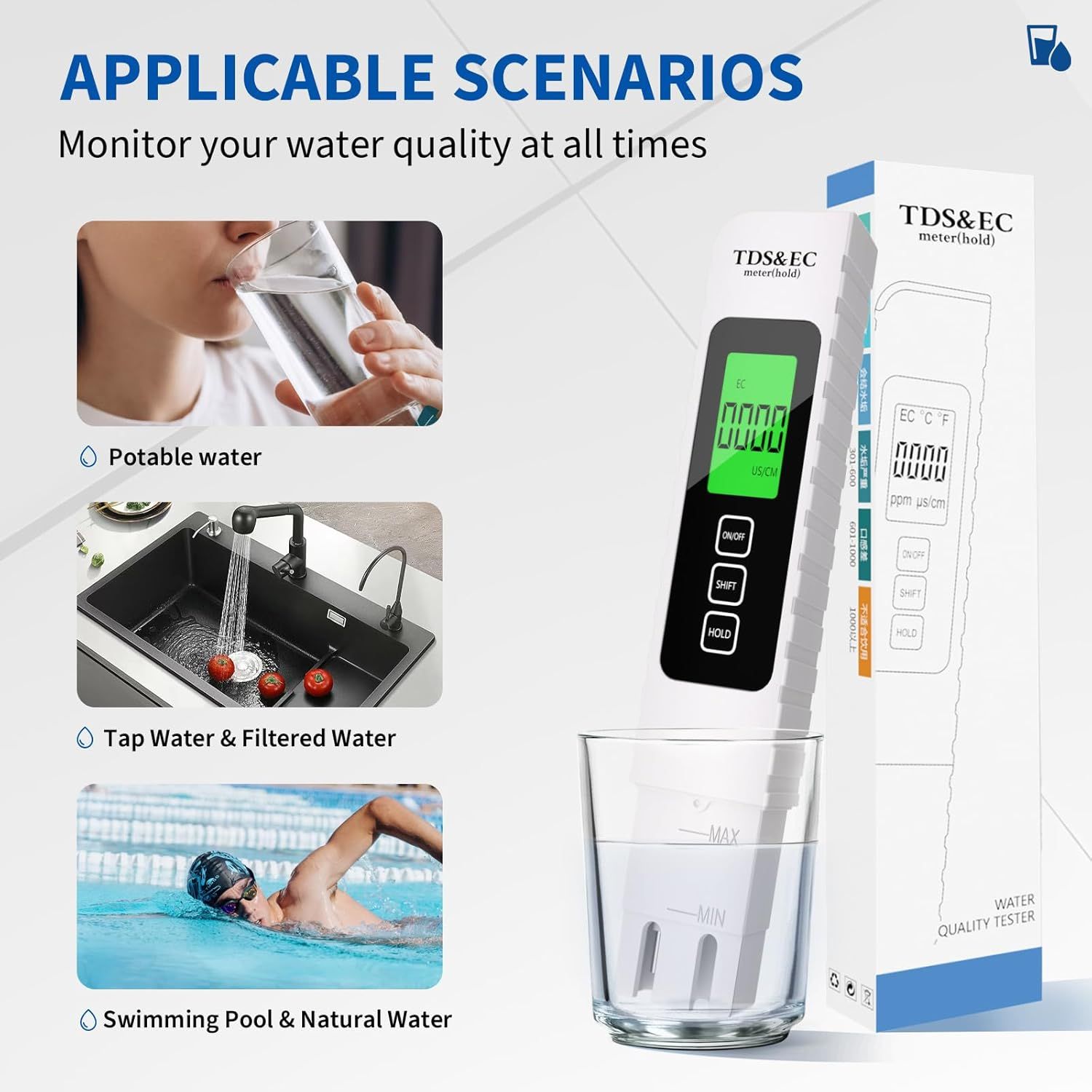 Demonstrates the versatility of the water quality tester by showing three distinct scenarios where it can be used, reassuring shoppers that the product works across multiple water sources and…