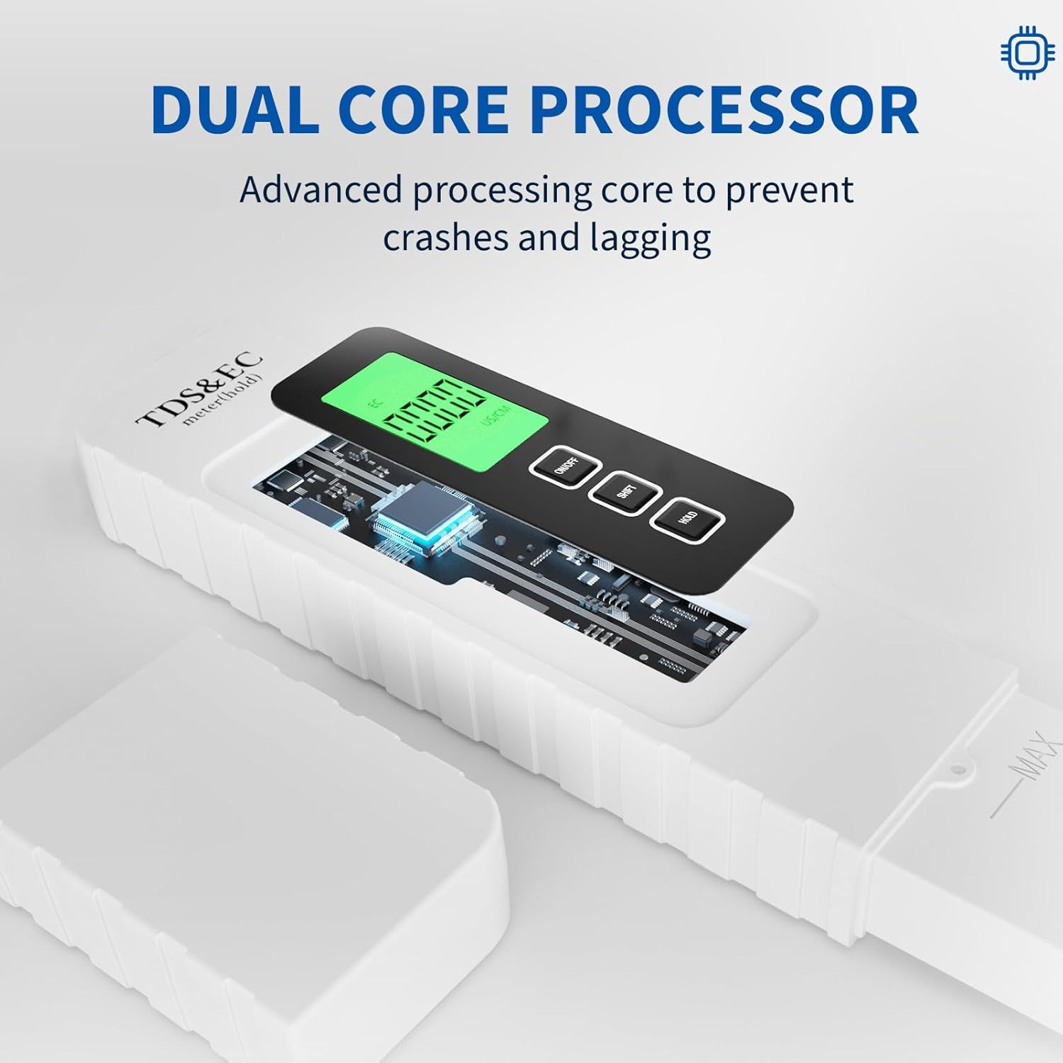 Highlights the internal dual core processor component to communicate advanced technology that prevents crashes and lagging, reassuring shoppers of reliable performance. Communicates the key benefit…