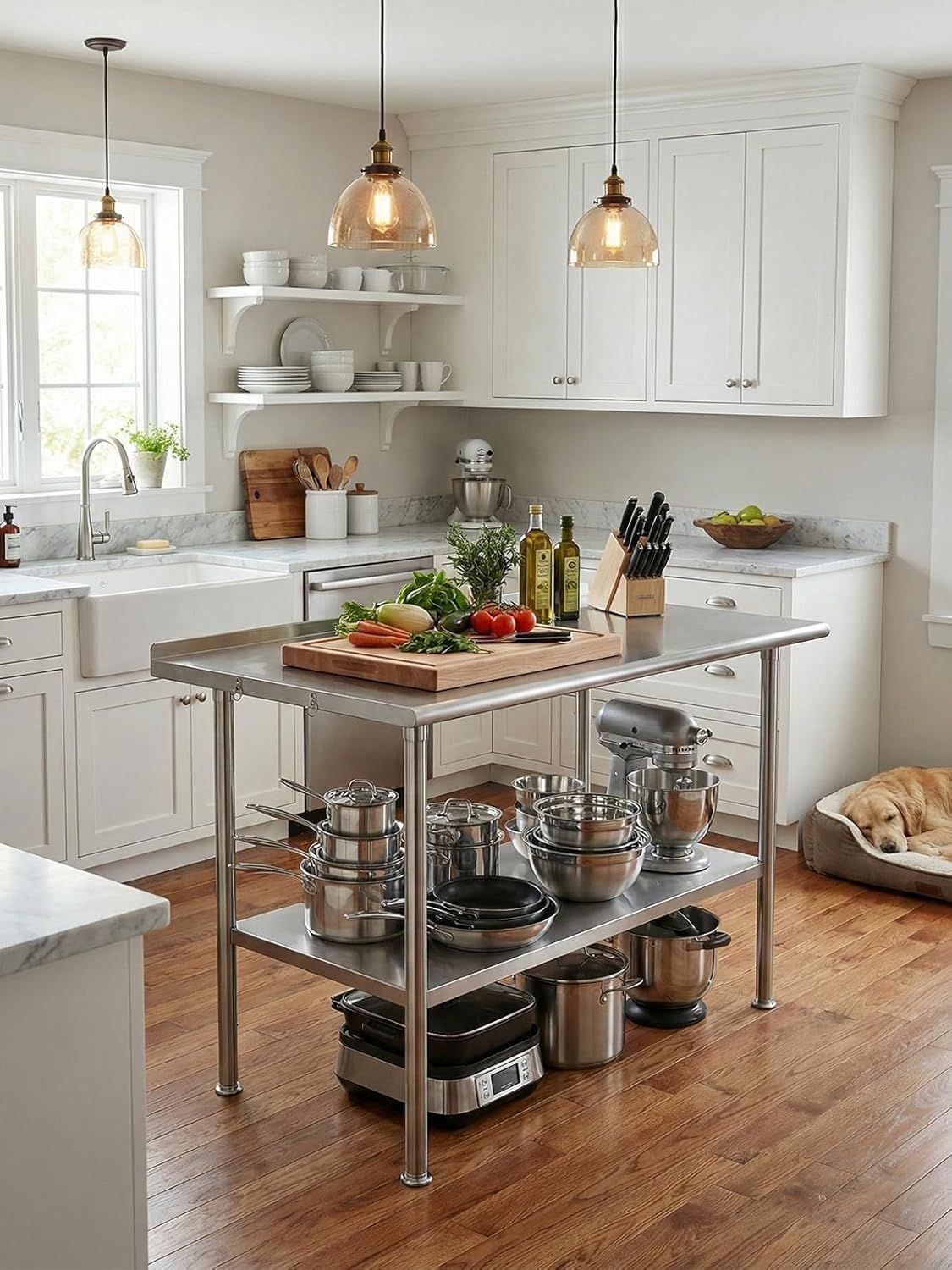 Showcases the product (kitchen cart/island) in a beautiful, real-world kitchen setting to help shoppers visualize how it would look and function in their own home.