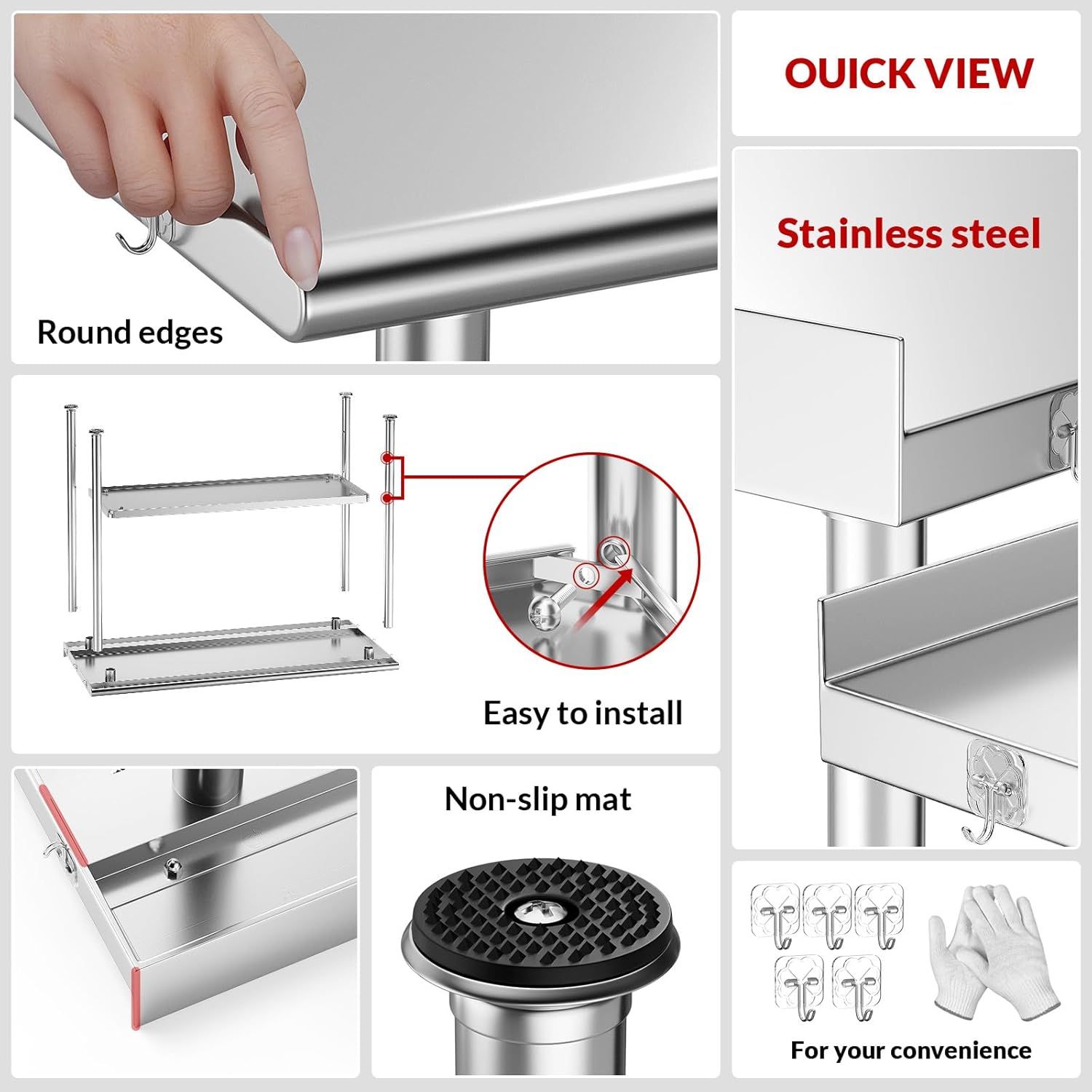This image breaks down the physical components and features of the product, highlighting round edges for safety, stainless steel construction, easy installation hardware, non-slip mat, and included…