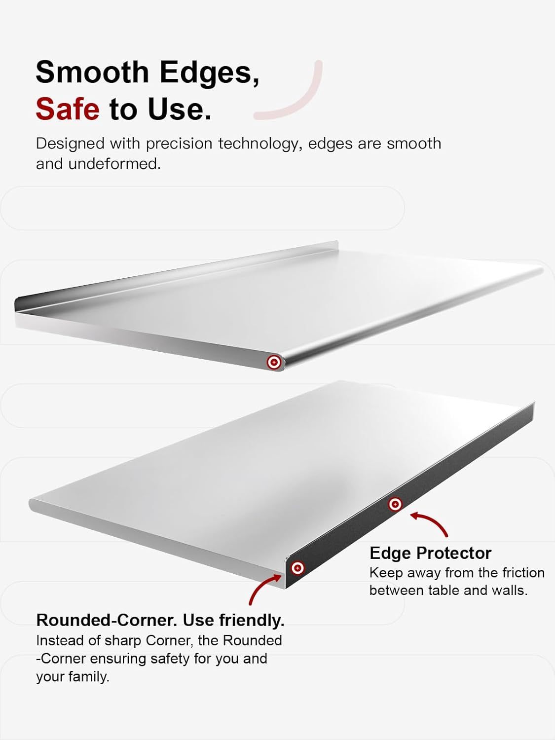 Highlights the product's safety-focused design features, including smooth edges, rounded corners, and edge protectors, to reassure shoppers that the product is safe for family use and prevents…