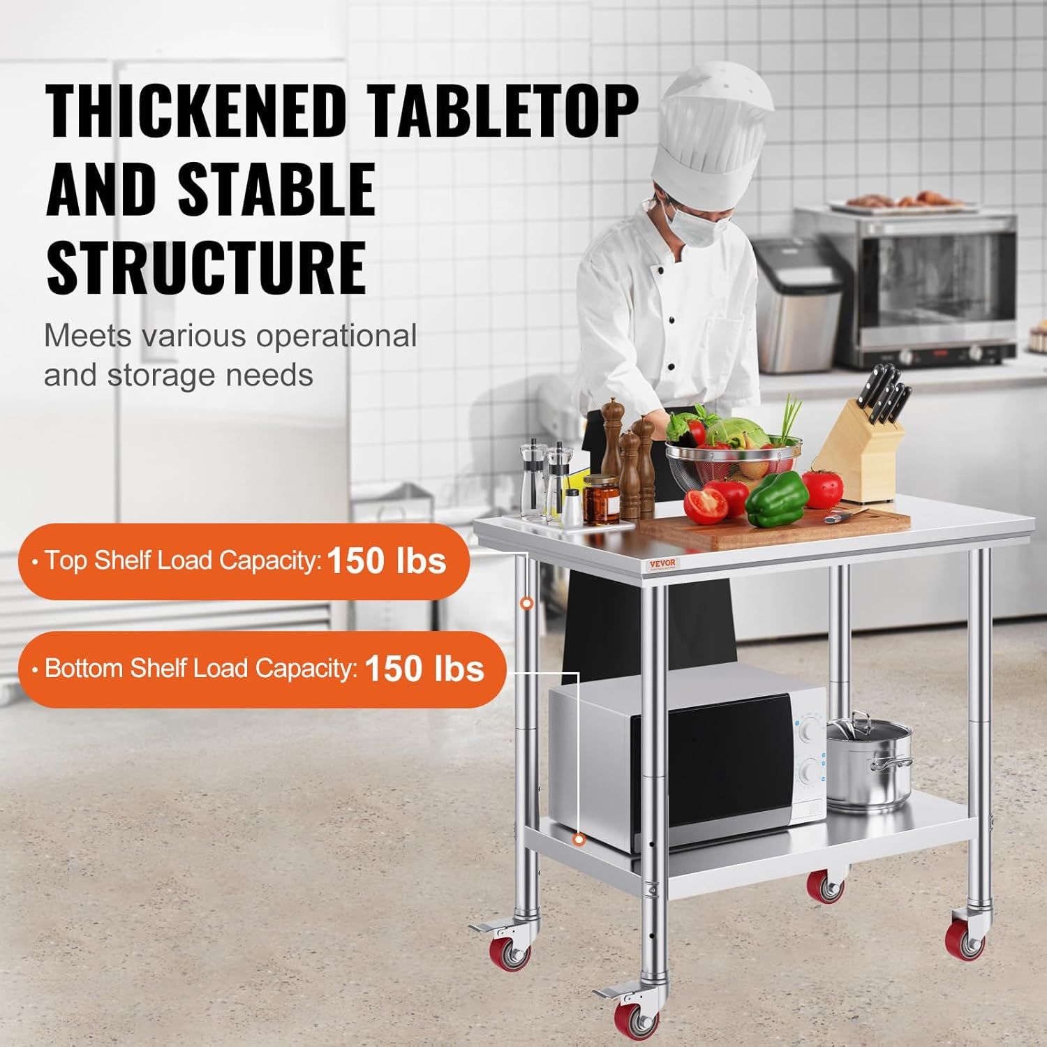 Communicates the impressive 150 lbs load capacity for both shelves to reassure shoppers of the table's strength and stability for heavy-duty kitchen use. Highlights the thickened tabletop and stable…