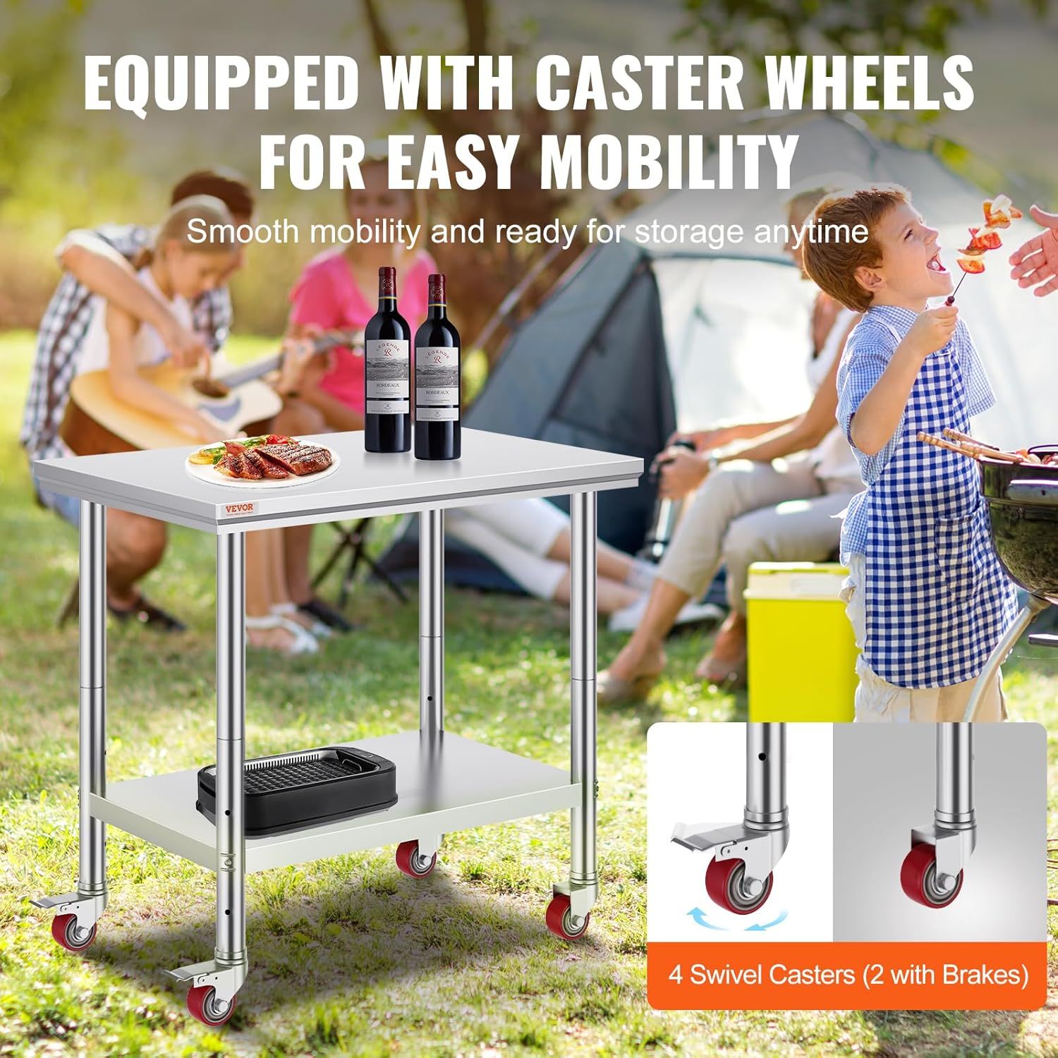 Highlights the table's caster wheel system with brakes, demonstrating the mobility feature and storage convenience for outdoor/camping use. Communicates the key benefit of easy mobility and…