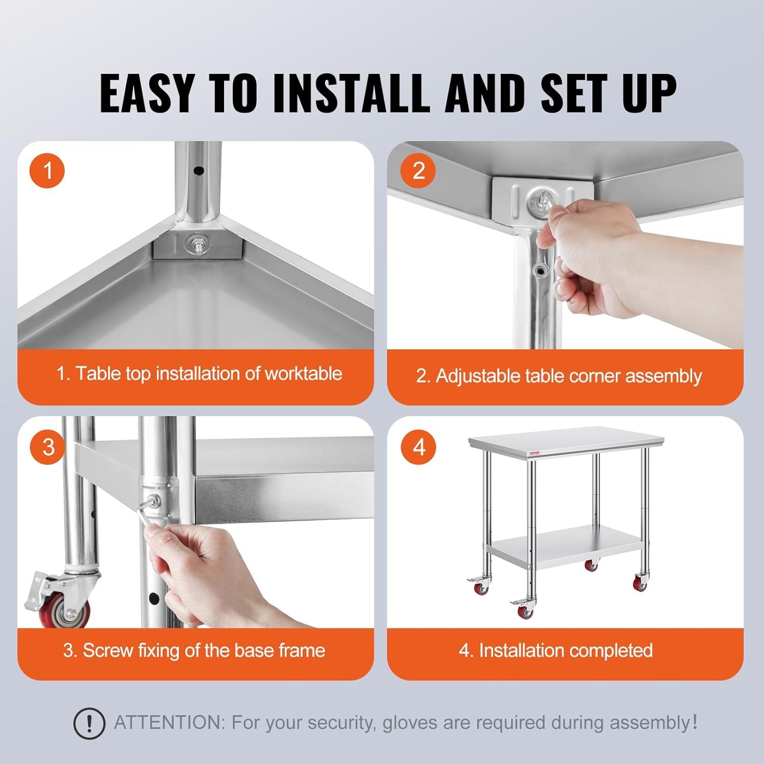 Demonstrates the simple 4-step assembly process for the worktable to reassure shoppers that setup is quick and straightforward.