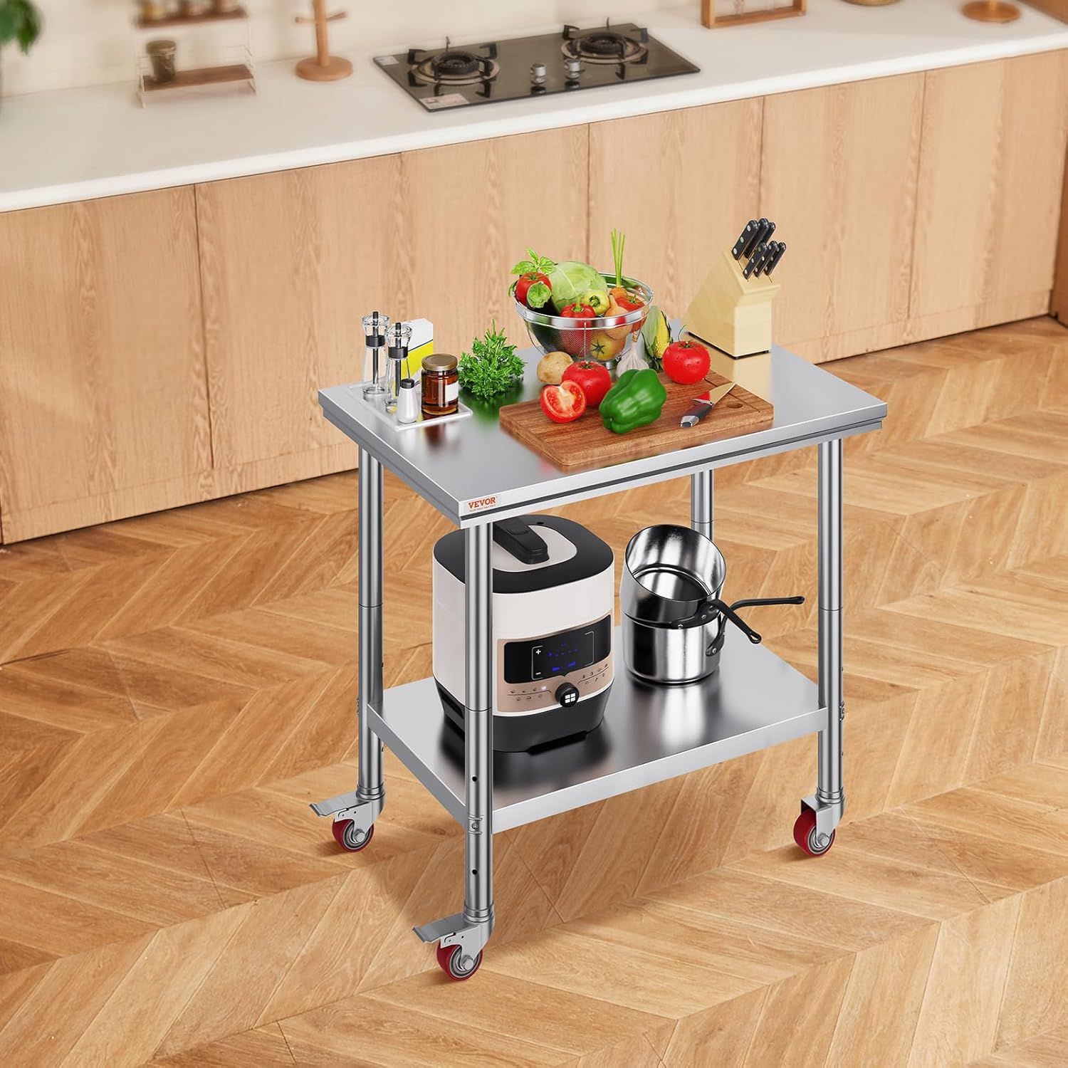 Demonstrates the product in a real kitchen environment to help shoppers visualize how the cart fits into their cooking space and daily workflow.