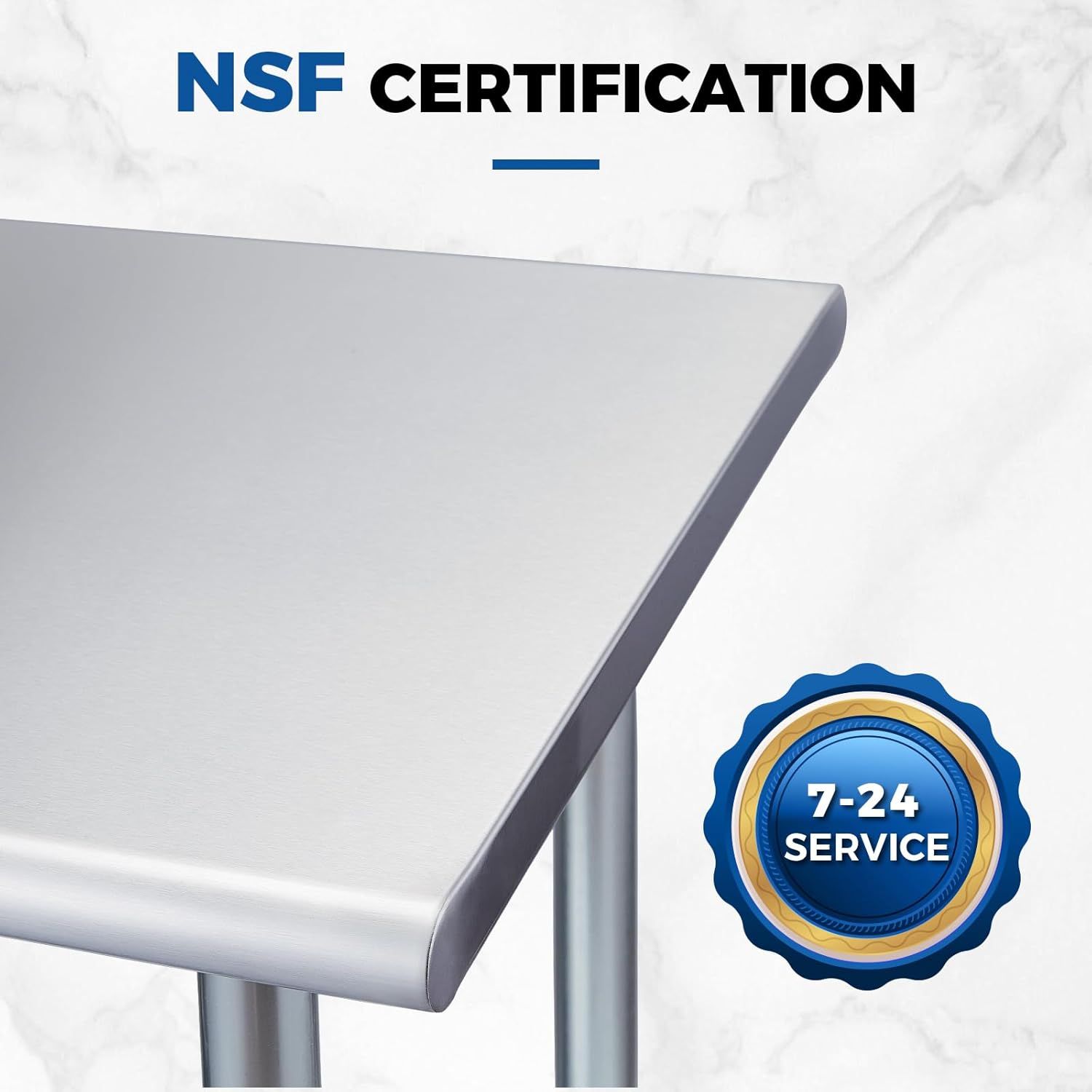 Communicates that the product is NSF certified for safety and quality standards, while also highlighting 7-24 service availability to reassure shoppers of reliability and support.
