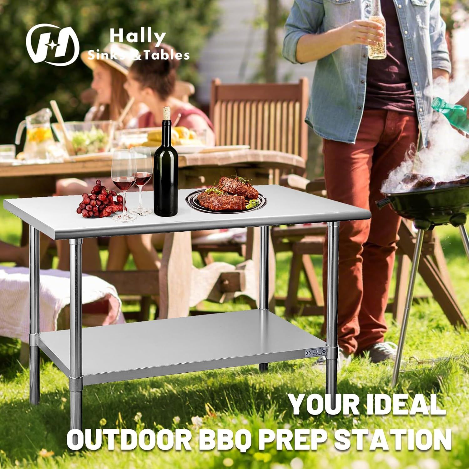 Demonstrates the product in a real-world outdoor gathering context to help shoppers visualize how the table fits into their lifestyle and entertaining needs.