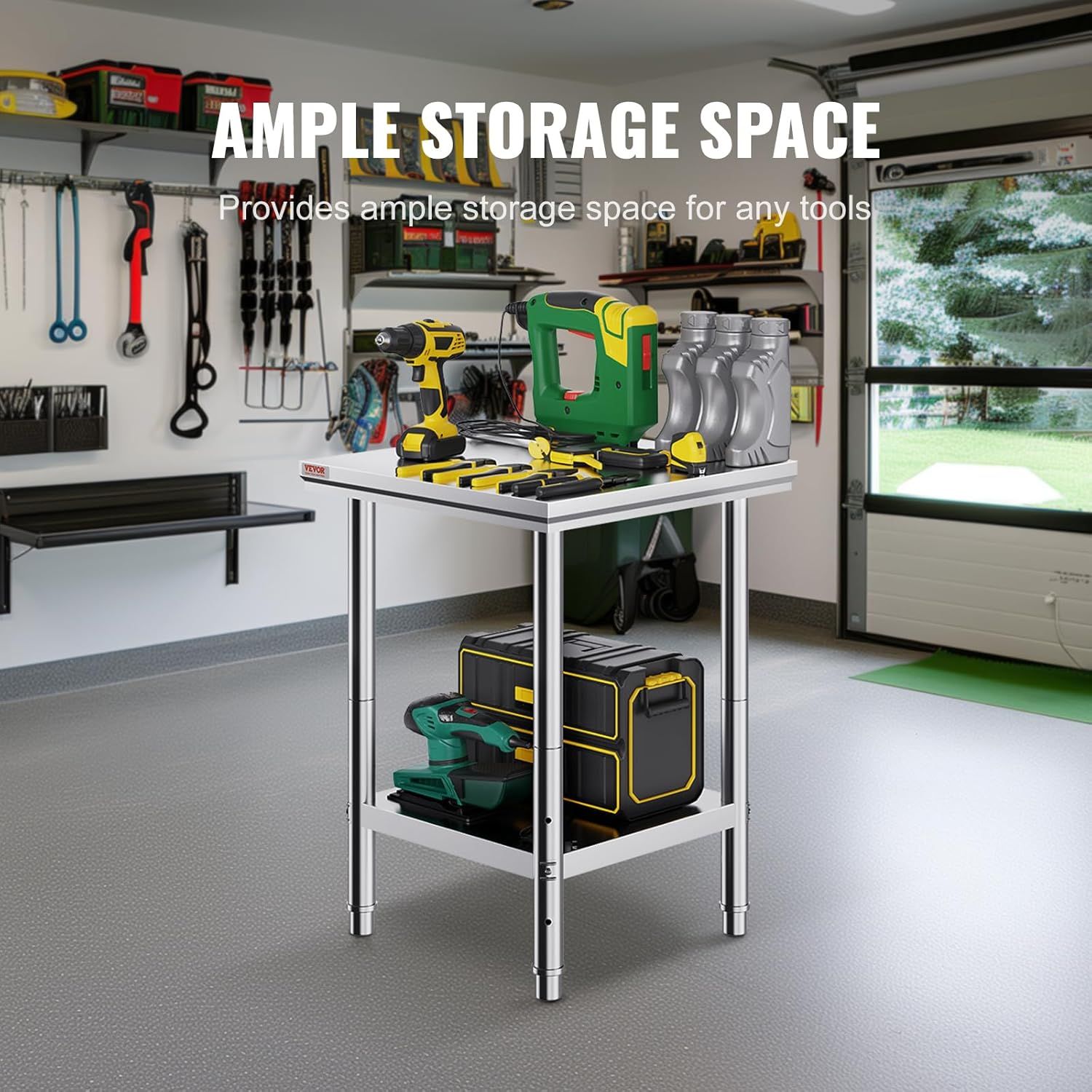 Demonstrates the product's generous storage capacity for organizing tools and equipment in a garage or workshop setting.