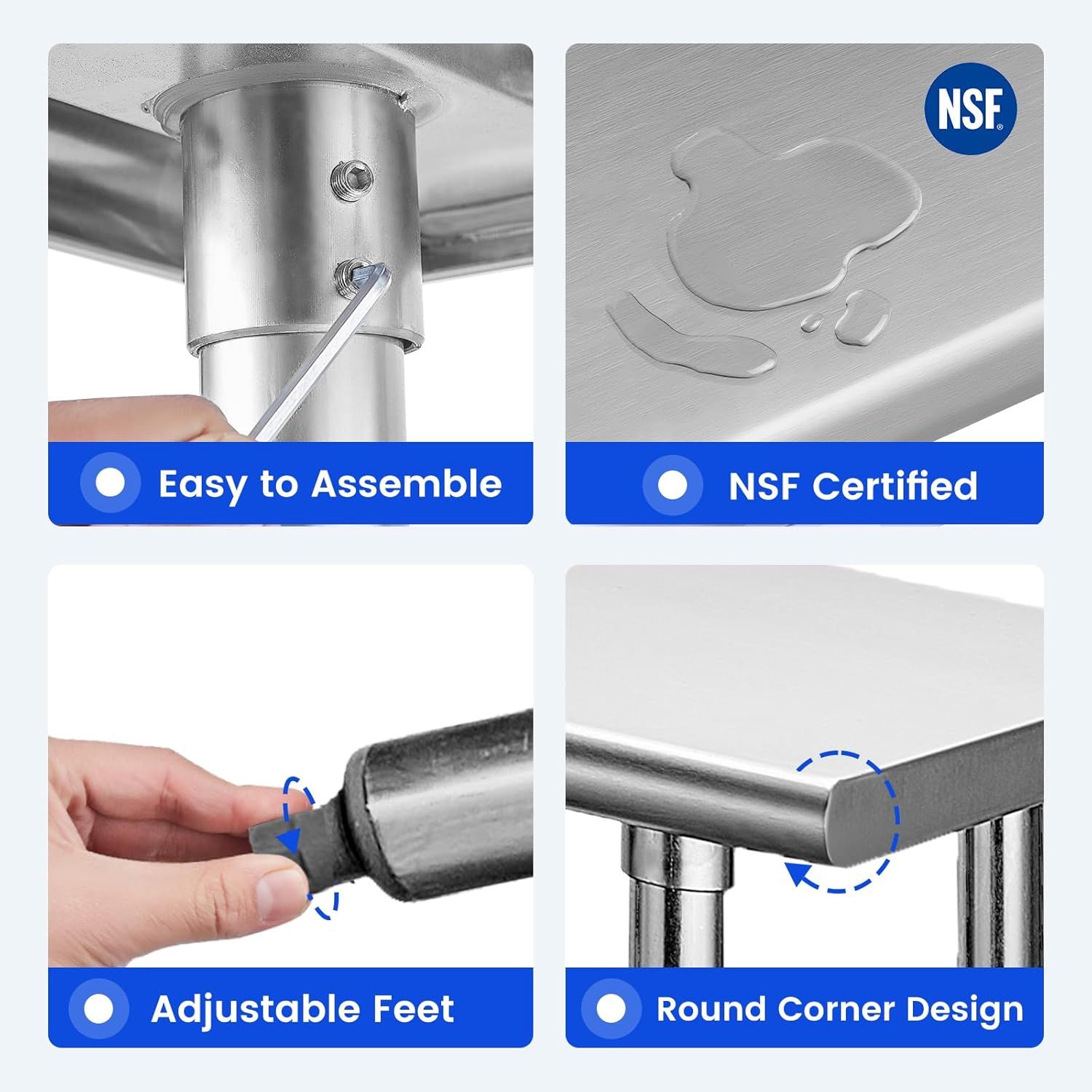 Showcases four distinct product benefits in a segmented grid layout to communicate ease of setup, safety certification, adjustability, and design features.