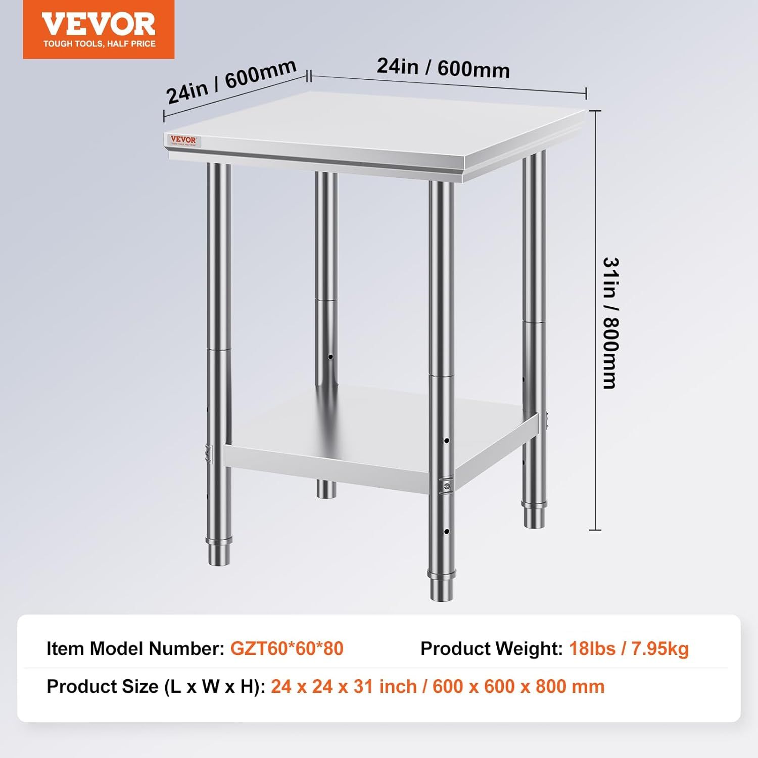 Communicates the exact physical dimensions (24x24x31 inches / 600x600x800mm) and weight (18lbs / 7.95kg) of the work table to help shoppers understand if it will fit their space and needs.