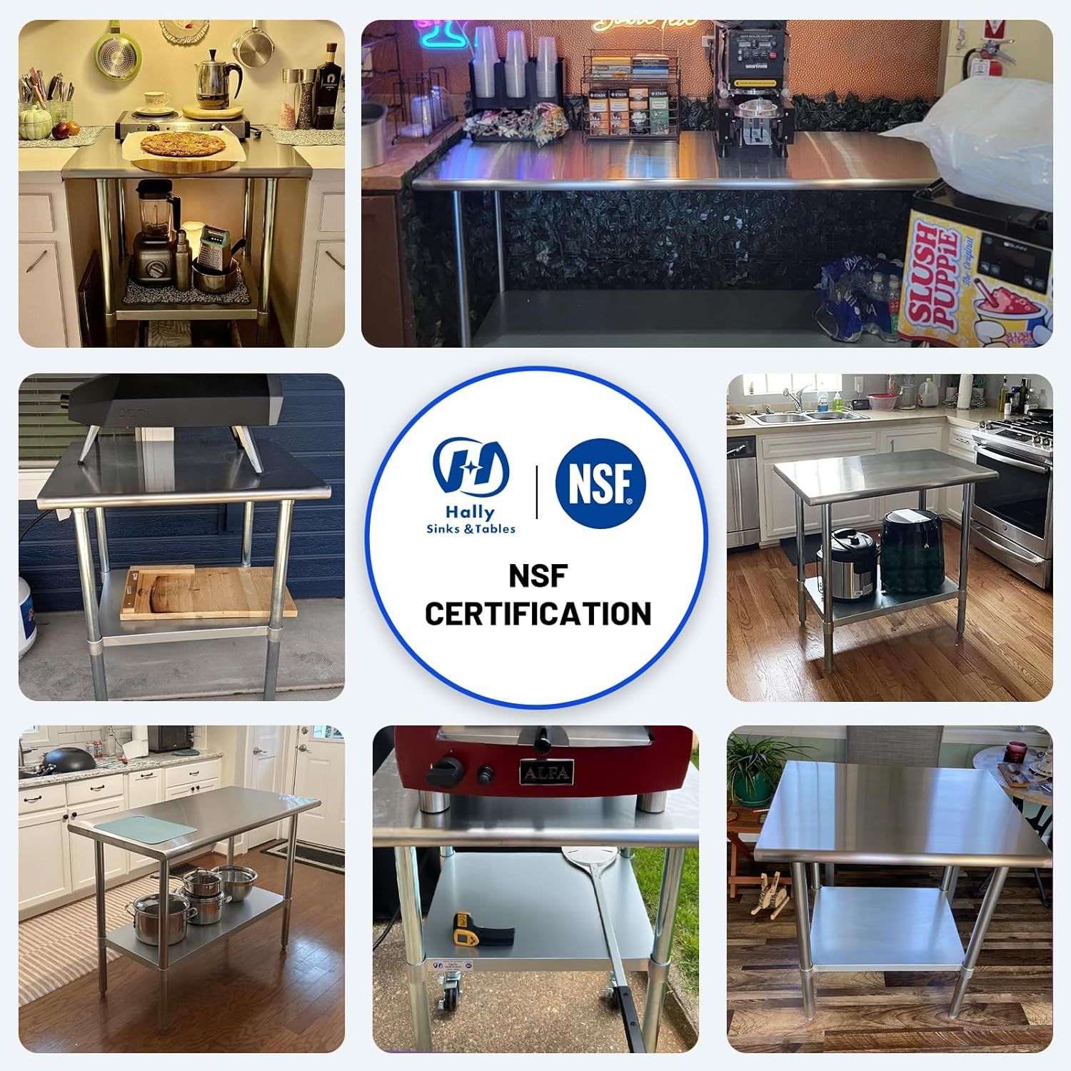 Communicates that the product meets NSF safety and quality standards, reassuring shoppers that it is certified for food safety and professional use. Shows real customer photos of the product in…