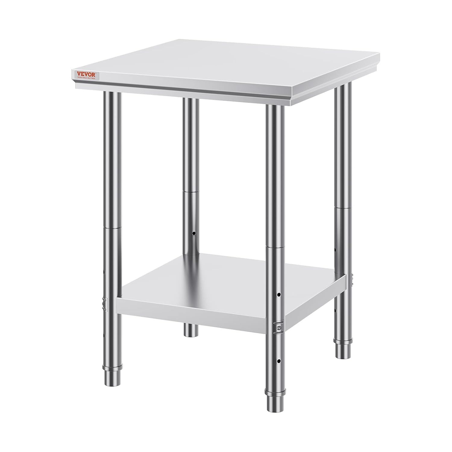 Provides a clear, distraction-free view of the stainless steel work table's design, construction, and two-tier structure for catalog presentation.