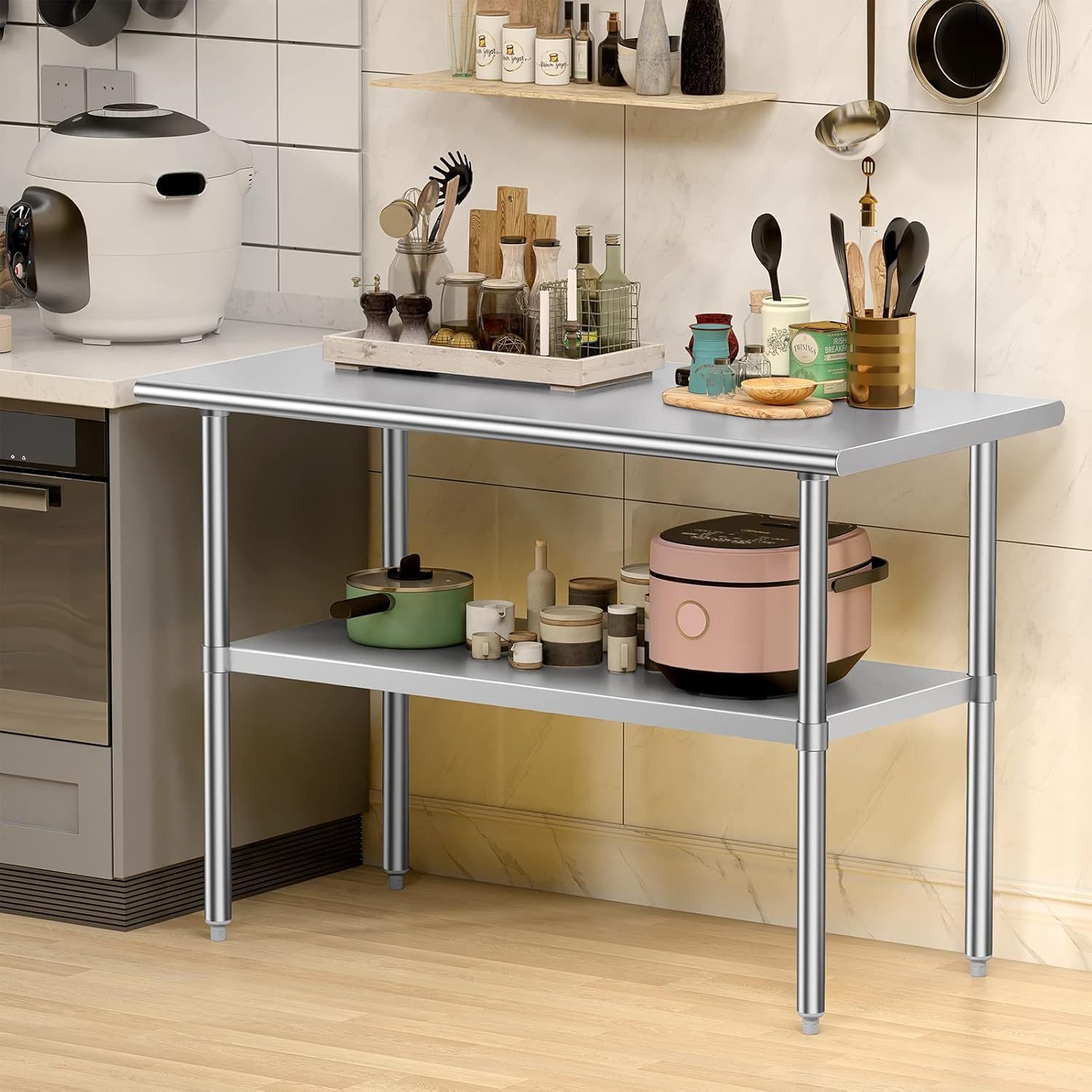 Demonstrates the product (kitchen shelving unit) in use within a real kitchen environment, showing how it fits naturally into a home setting and provides practical storage space.