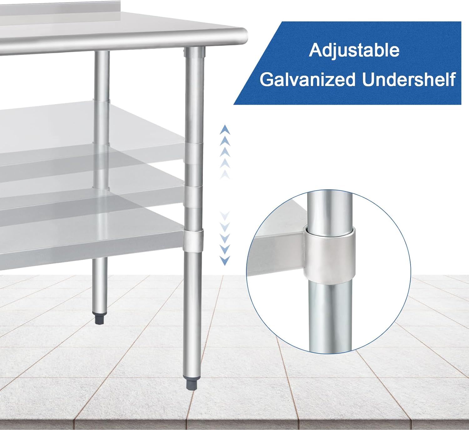 Highlights the adjustable undershelf feature and the physical mechanism that allows height customization, showing shoppers how the table's legs can be modified for flexible storage. Communicates the…