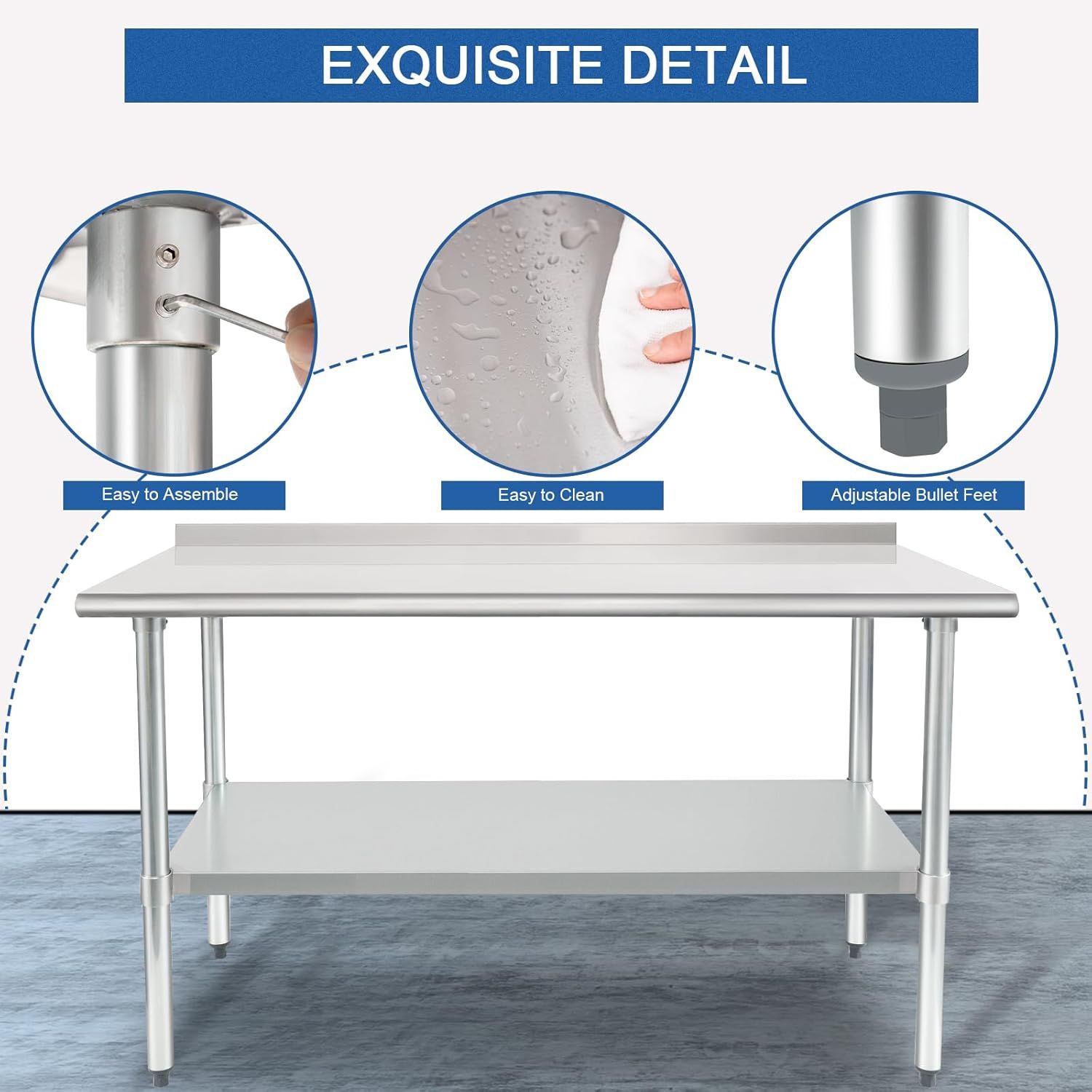 Highlights the key structural features and design elements of the stainless steel table, showing assembly ease, cleanability, and adjustable feet to reassure buyers of quality construction and…