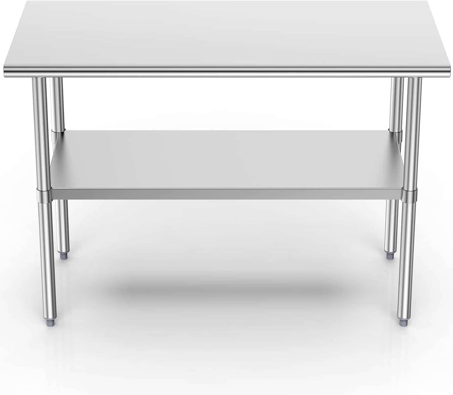 Provides a clear, unobstructed view of the stainless steel work table's structure, including its two-tier design and sturdy legs, allowing shoppers to see the product's physical appearance and…