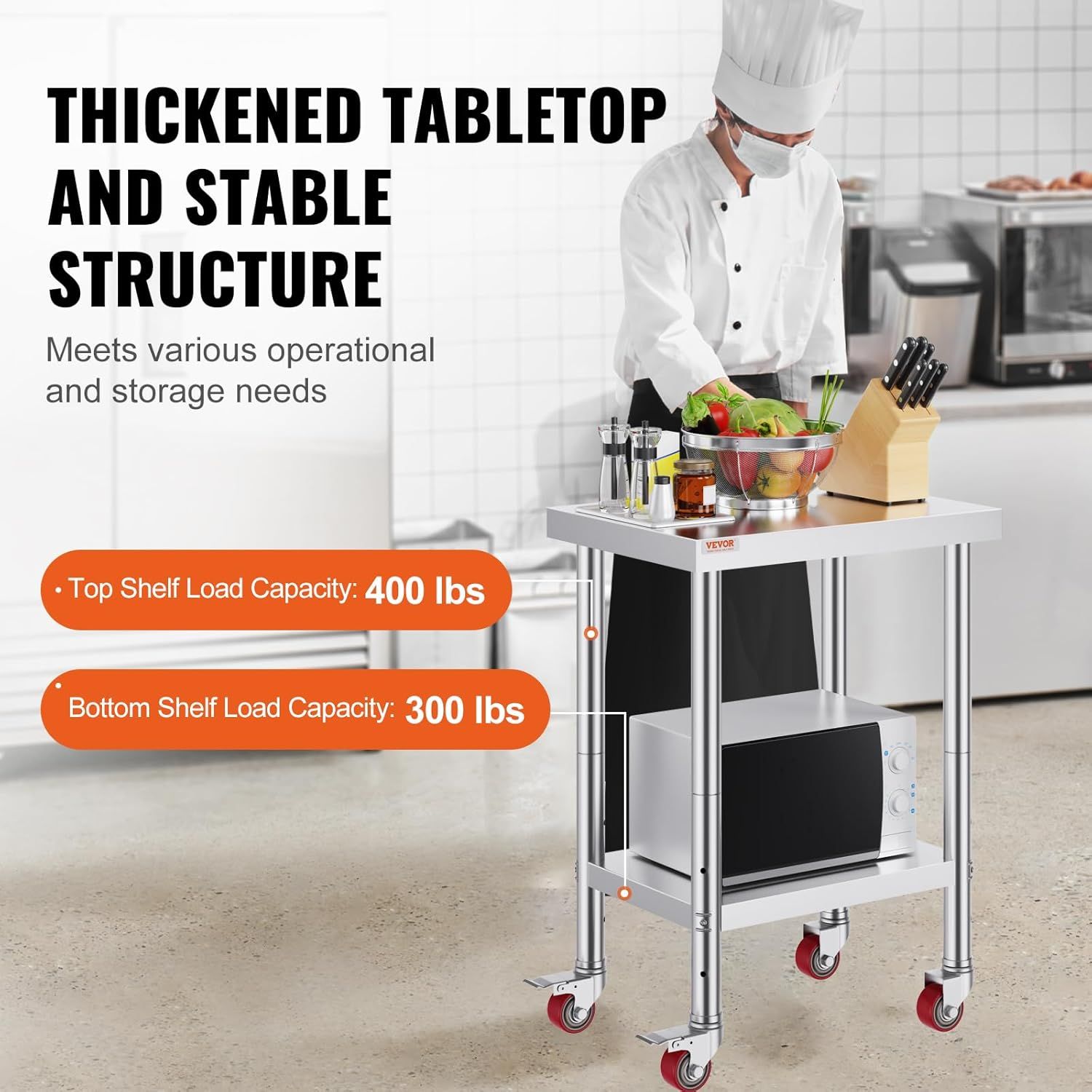 Communicates the product's impressive load capacity (400 lbs top shelf, 300 lbs bottom shelf) to reassure buyers of its strength and stability for commercial or heavy-duty kitchen use. Highlights…