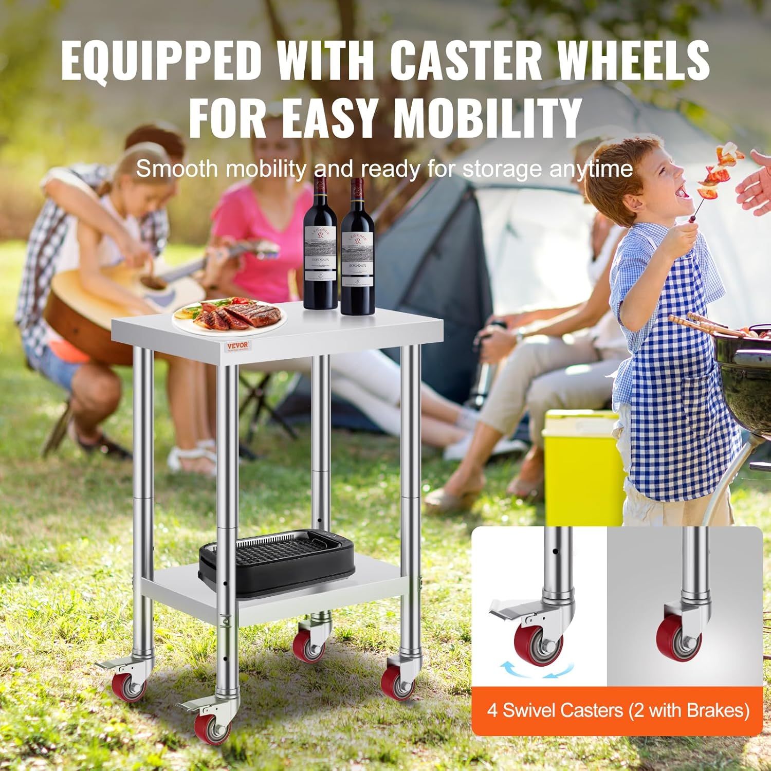 Highlights the product's caster wheel system with detailed callouts showing swivel functionality and brake features, reassuring shoppers about easy mobility and control. Communicates the primary…