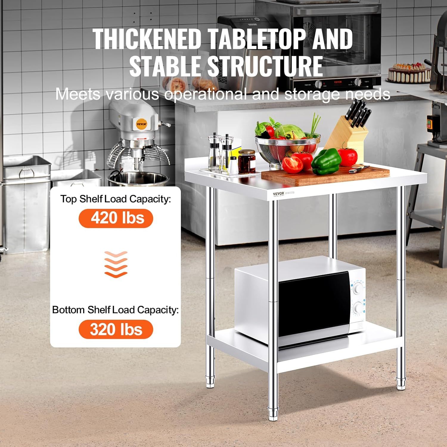 Communicates the table's impressive weight capacity (420 lbs top shelf, 320 lbs bottom shelf) to reassure shoppers of its durability and ability to handle heavy kitchen equipment and storage needs.…