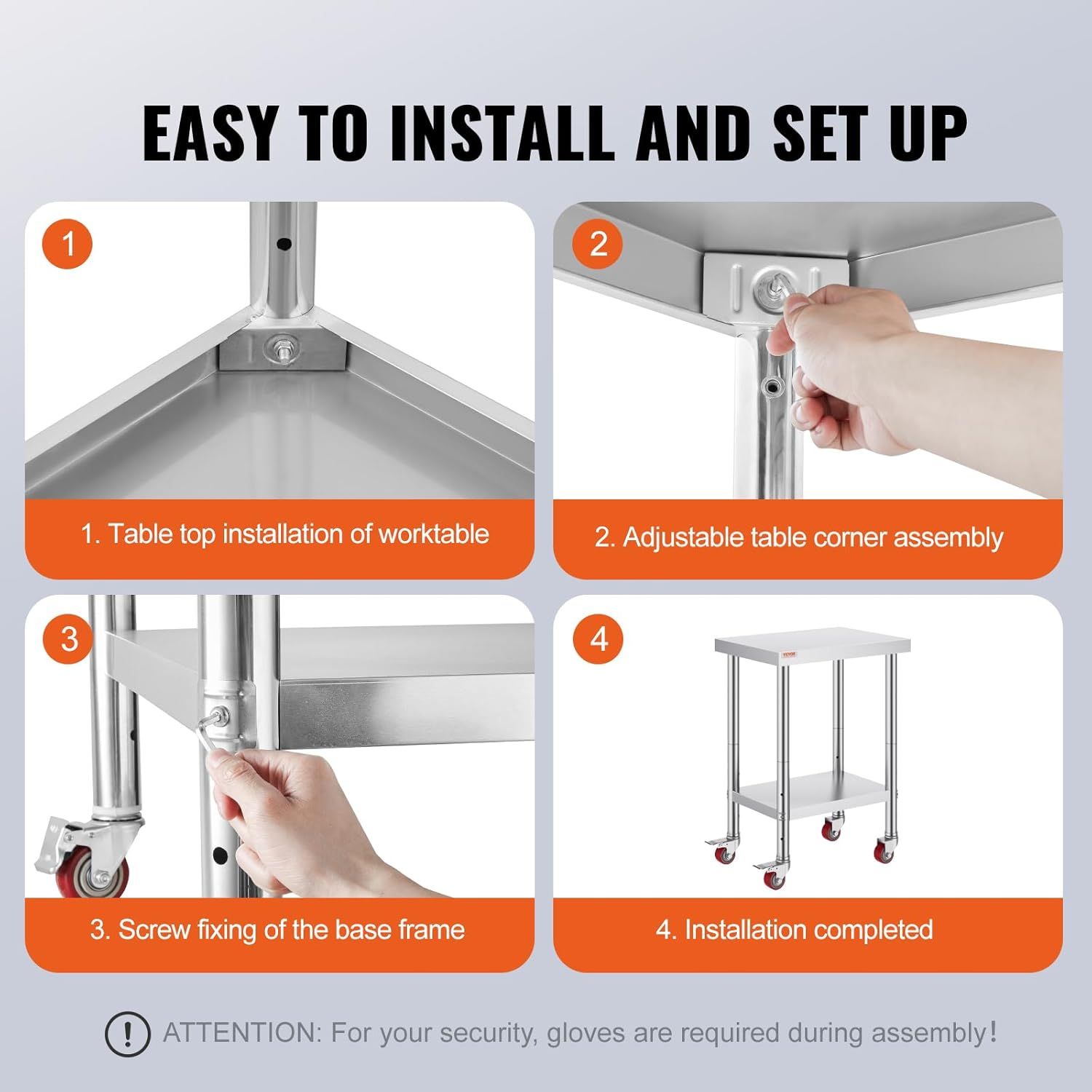 Demonstrates the simple 4-step assembly process for the worktable to reassure shoppers that setup is quick and straightforward. Highlights the ease of installation as a key benefit to reduce…