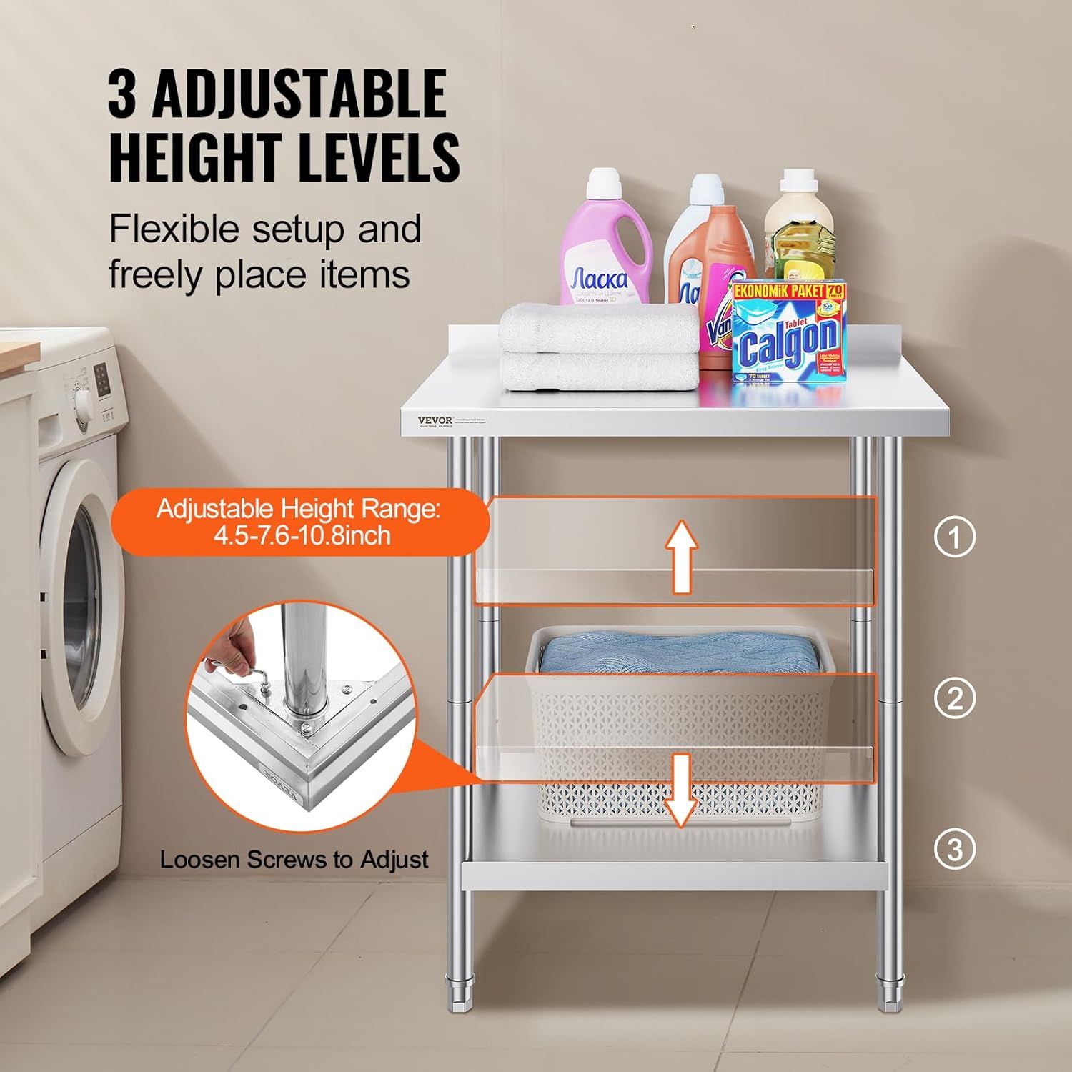 Demonstrates how to adjust the shelf height by loosening screws, showing the product's flexible setup and customization capability. Highlights the key benefit of flexible height adjustment to…
