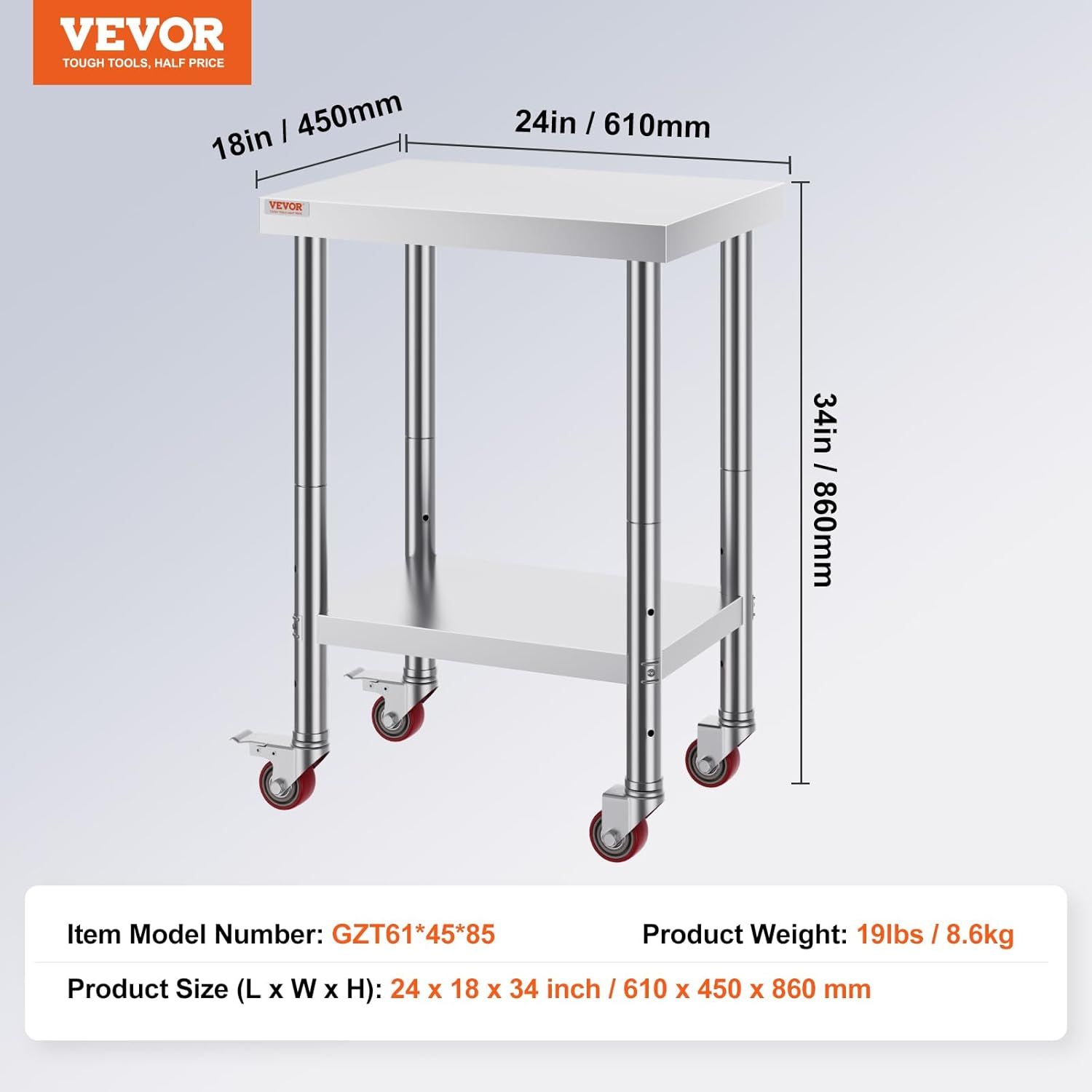 Communicates the exact physical dimensions of the stainless steel work table (24x18x34 inches) with clear measurement arrows and labels, helping shoppers understand if the product will fit their…