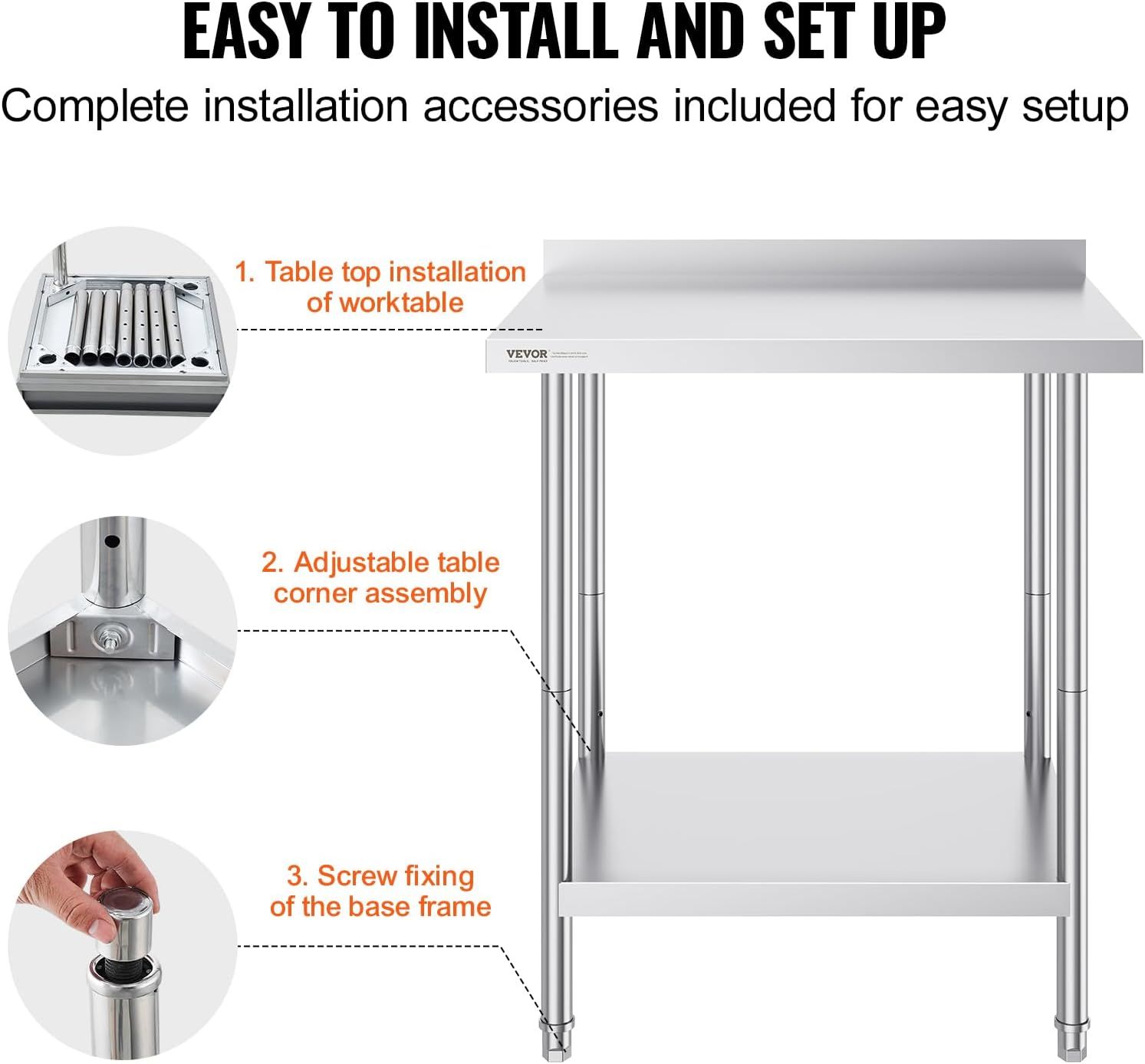 Demonstrates the three-step installation process for the worktable, reassuring shoppers that setup is straightforward and all necessary accessories are included.