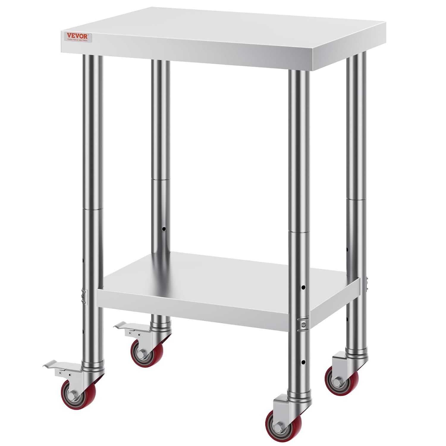 Provides a clear, unobstructed view of the stainless steel work table with adjustable legs and casters, allowing shoppers to see the product's construction and design without distractions.
