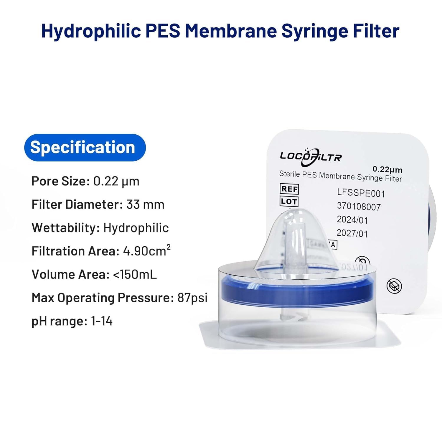 Communicates the detailed technical specifications of the syringe filter to help professional buyers understand the product's capabilities and determine if it meets their laboratory or filtration…