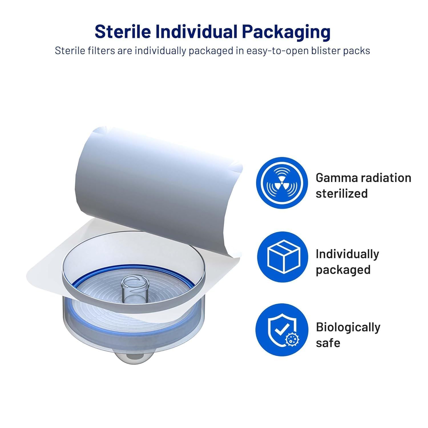 Communicates multiple key benefits of the sterile filter packaging: sterilization method, individual packaging for hygiene, and biological safety to reassure medical or lab professionals of product…