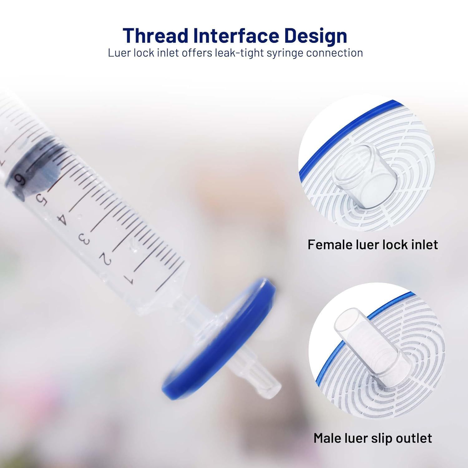 Breaks down the syringe's thread interface components to show the leak-tight luer lock connection system, highlighting the female inlet and male outlet parts for technical understanding.