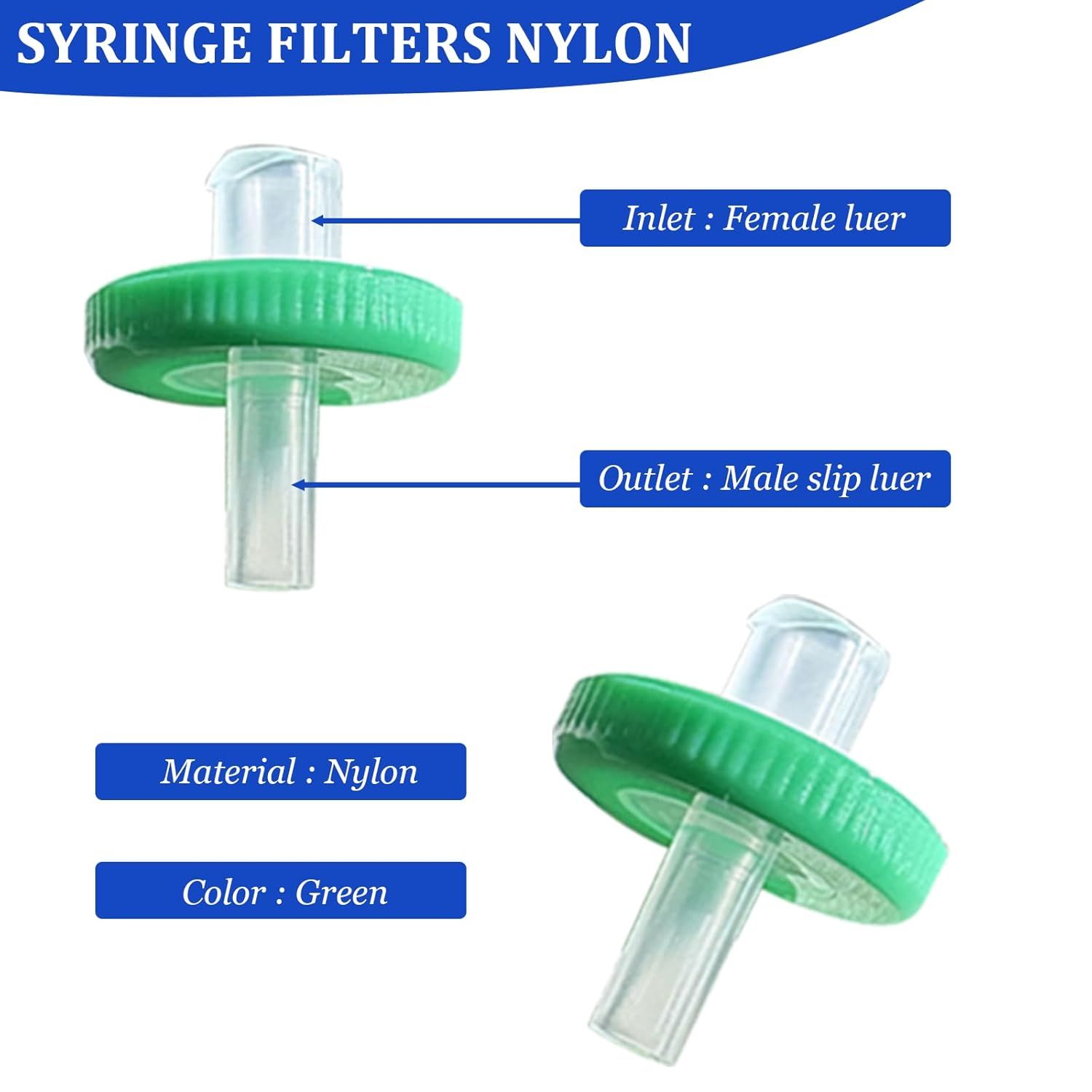 This image breaks down the physical components and specifications of the syringe filter, labeling the inlet, outlet, material, and color to help medical professionals or lab users understand the…