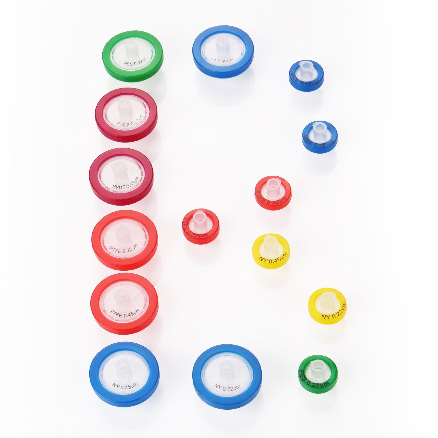 Shows the variety of syringe filters included in the kit, displaying different sizes, colors, and specifications to help customers understand what they receive with their purchase.