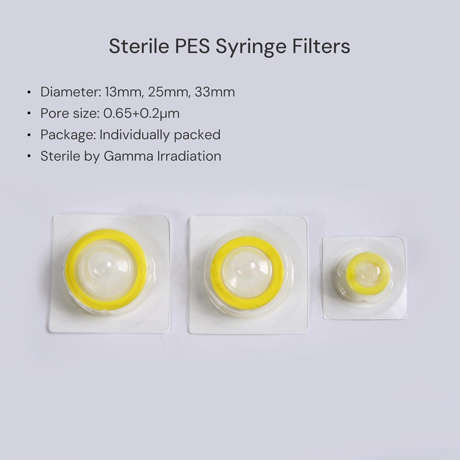 Communicates the technical specifications and key features of the syringe filters, including size options, filtration precision, sterile packaging, and sterilization method to inform…